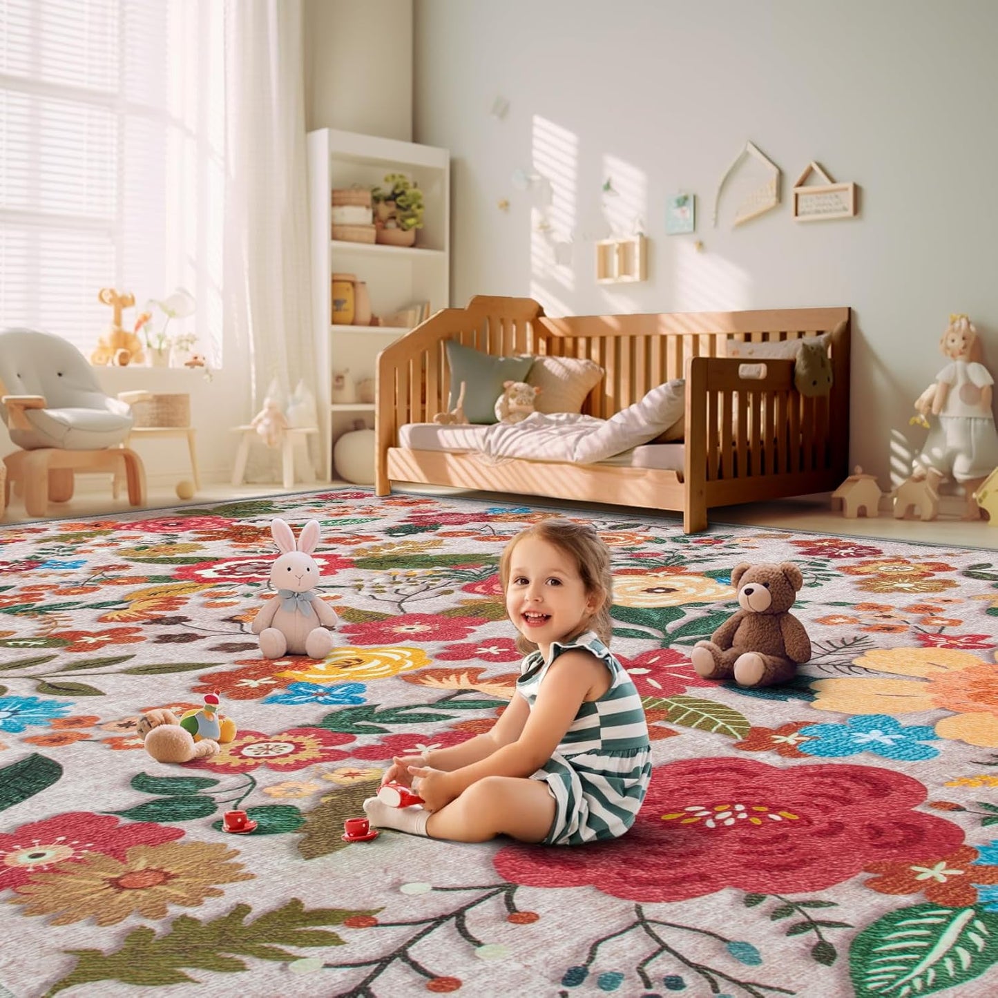 8x10 Area Rug for Living Room: Vintage Floral Washable Rug Soft Boho Non Slip Carpet Large Indoor Floor Non Shedding Low Pile Thin Carpets for Bedroom Dining Room Farmhouse Nursery Home Office Beige