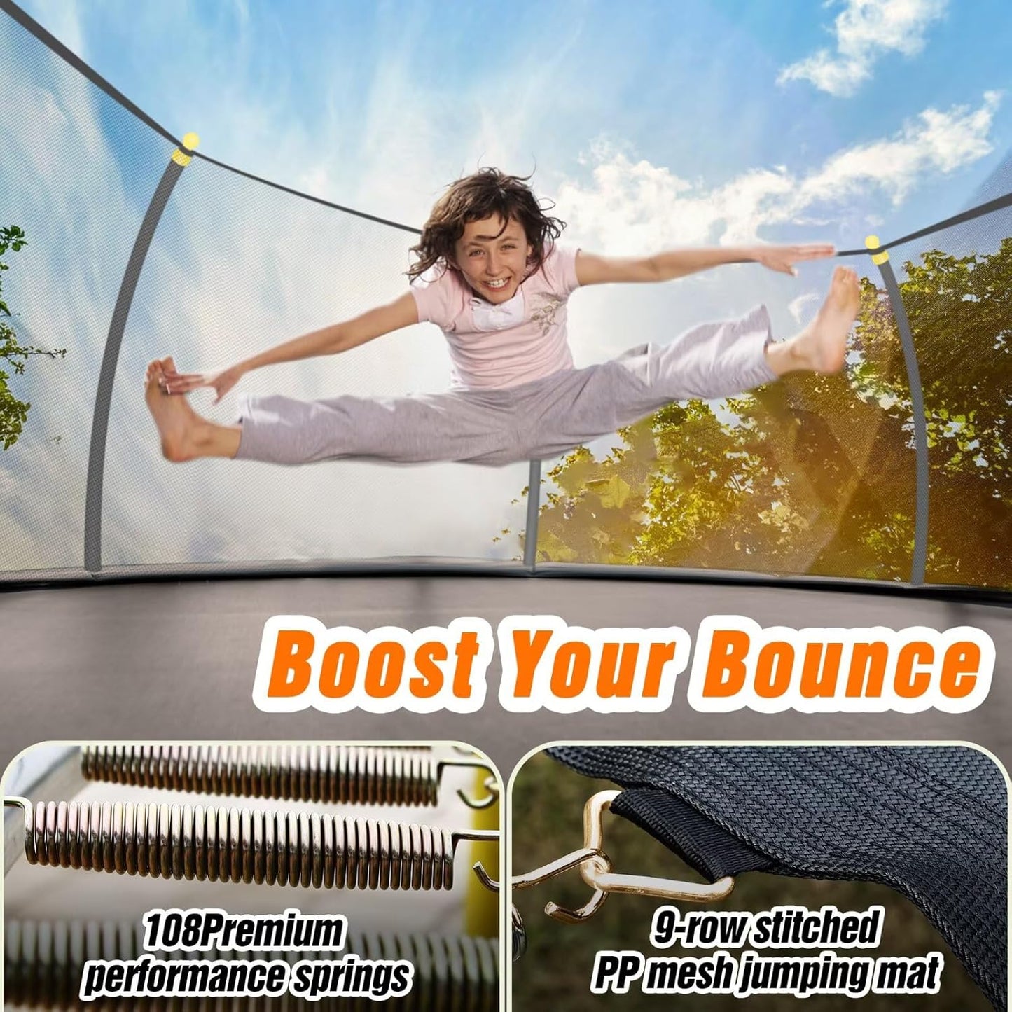 10FT 12FT 14FT 16FT Pumpkin Trampoline for Kids Adults, ASTM Approved Outdoor Recreational Trampoline with Basketball Hoop, Enclosure Net, Yellow