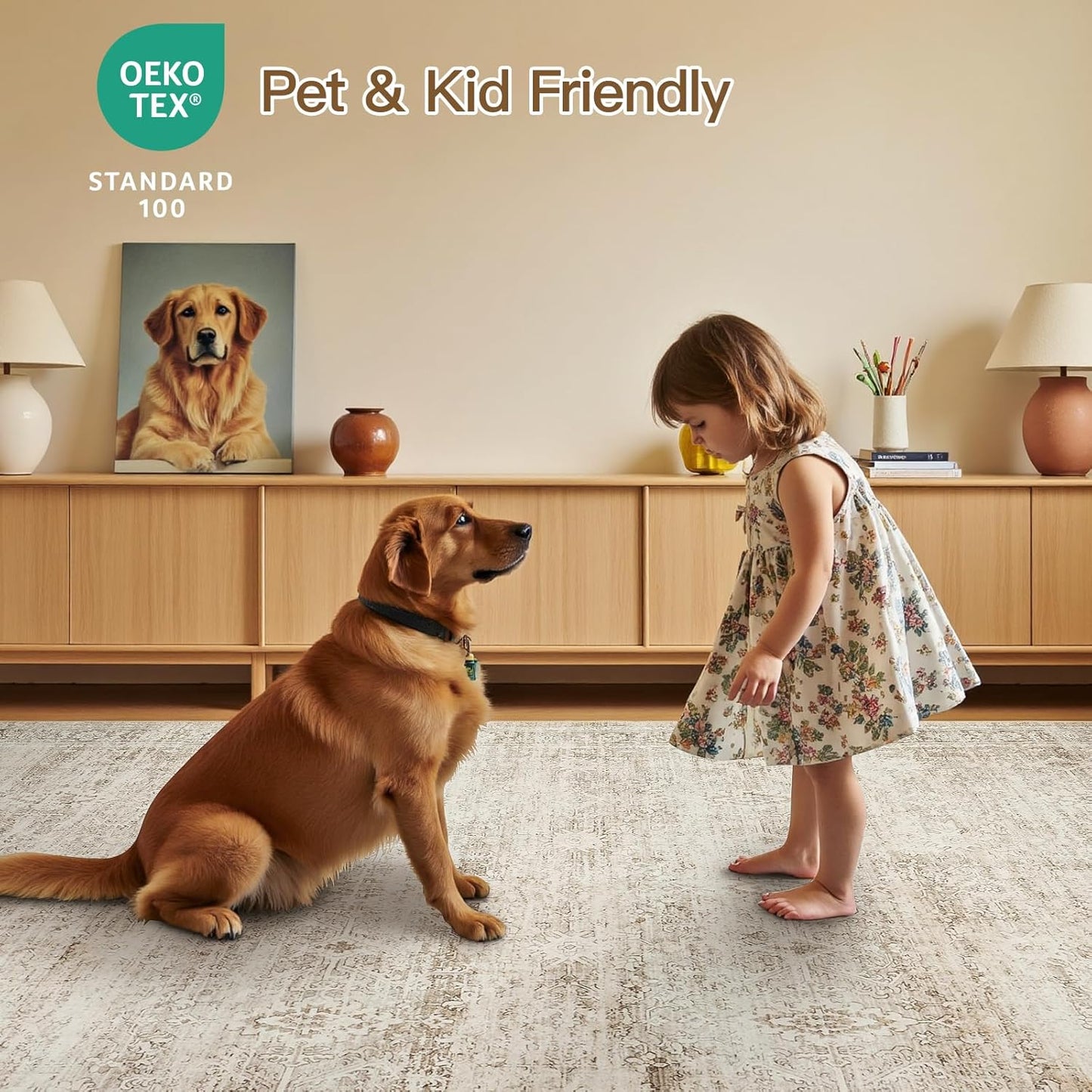 Lofus 5x7 Area Rug for Living Room,Beige Washable Area Rugs with Non-Slip Backing,Soft Neutral Carpets for Bedroom Dining Room Home Office Indoor Nursery