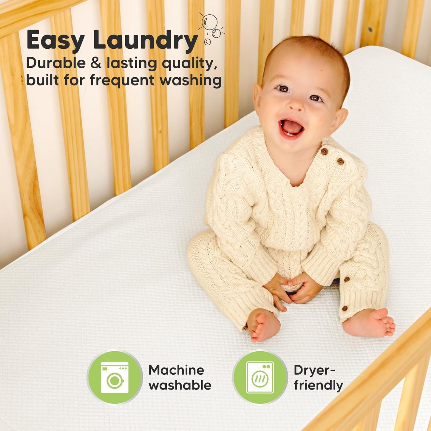 Waterproof Crib Mattress Protector Cover Fitted - 2-Pack Quiet Baby Crib Mattress Pad Sheets, 52" x 28" Soft Quilted Cotton Baby Sheet, Machine Washable, Easy Fit, Durable (Soft White/Quin)