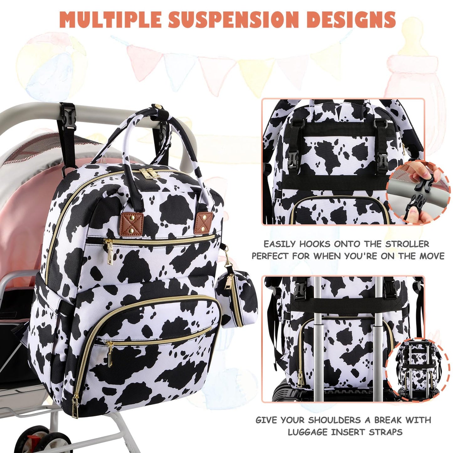 Baby Diaper Bag Backpack, Travel Diaper Bags for Baby Girl Boy Large Capacity Baby Bag Backpack for Women Cow Print
