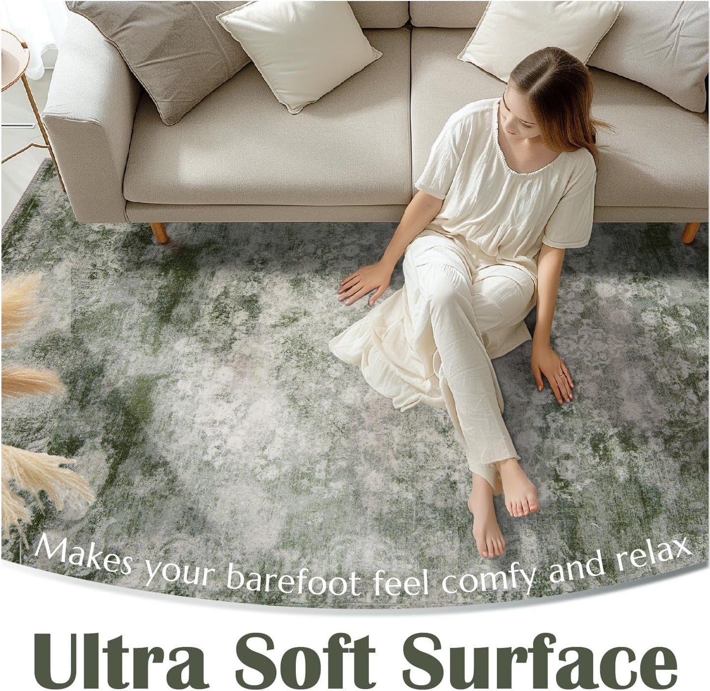 jinchan Washable Area Rug 6x9 for Living Room - Soft Faux Wool Ultra-Thin Stain Resistant Non-Slip Distressed Vintage Floral Rug Large Carpet for Bedroom,Dining Room,Home Office,Nursery(Green, 6'x9')