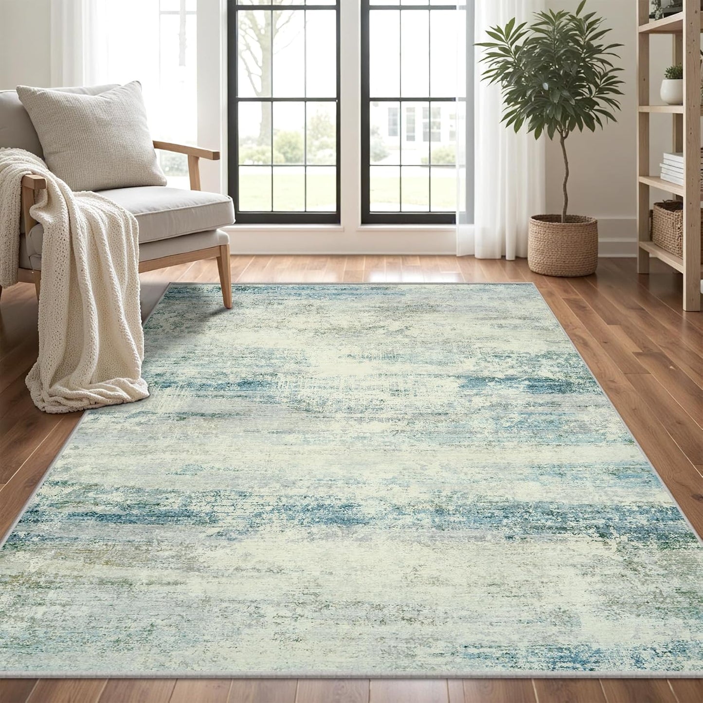 Washable Rug 6x9 Area Rugs, Abstract Large Living Room Rugs with Non-Slip Backing, Thin Carpet for Dorm Dining Room Table Nursery Indoor Home Office -Blue/Gray