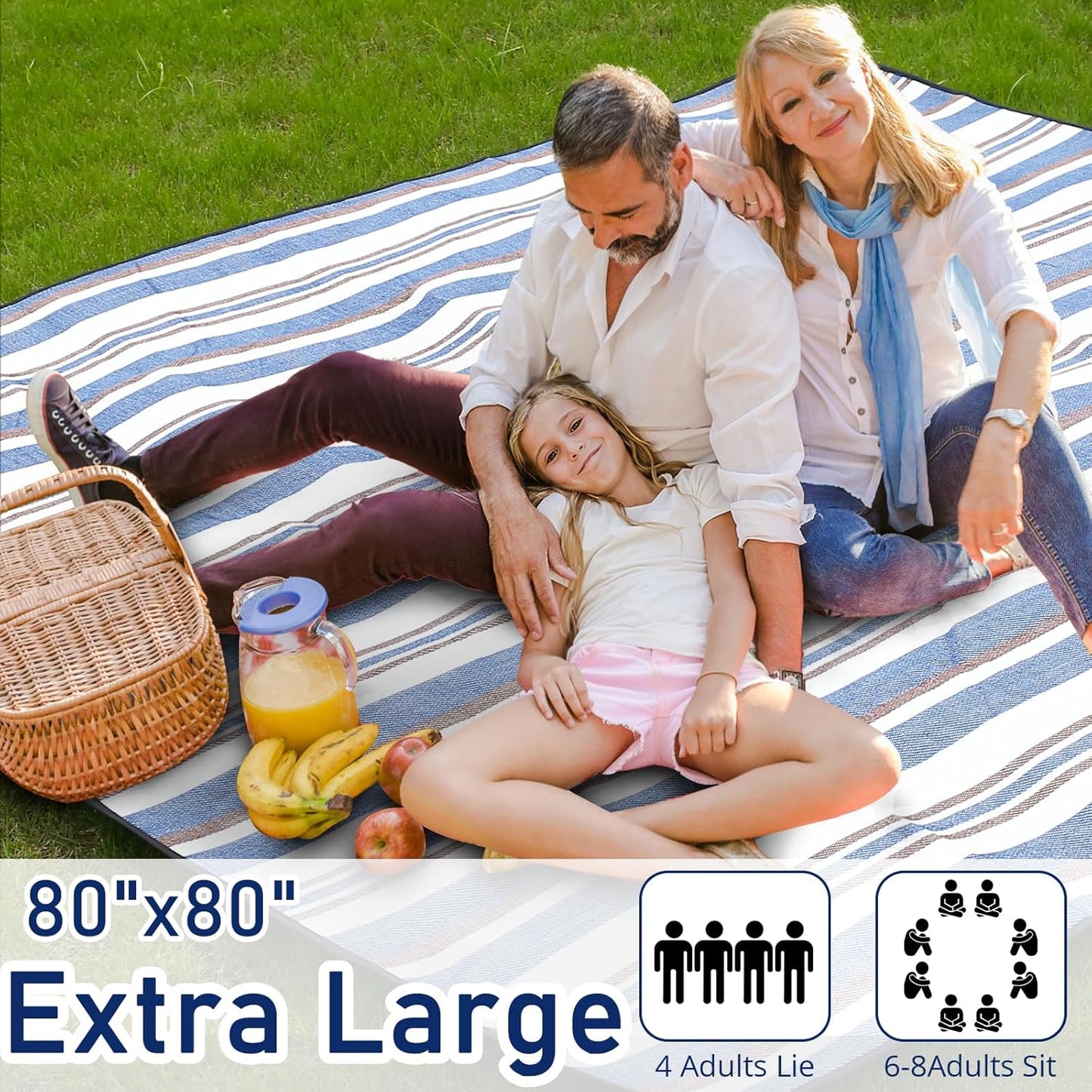 Striped Picnic Blankets 80” x 80” Extra Large Waterproof and Foldable Beach Blanket, Oversized Blue and White Outdoor Blanket for Camping, Travel, Park, Grass, Patio (Blue & Brown, 80" x 80")