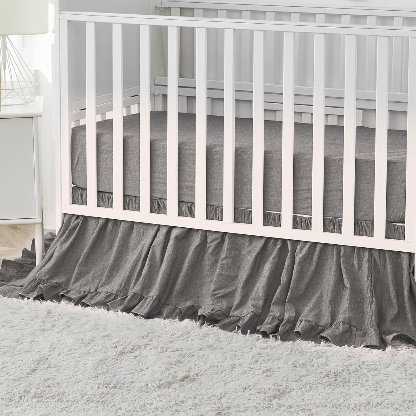 Brandream Baby Crib Bedding Set for Girls Boys Gender Neutral Boho Bohemian Farmhouse Chic Ruffle 6-Piece Nursery Bedding Set - 100% Washed Cotton Gray Grey