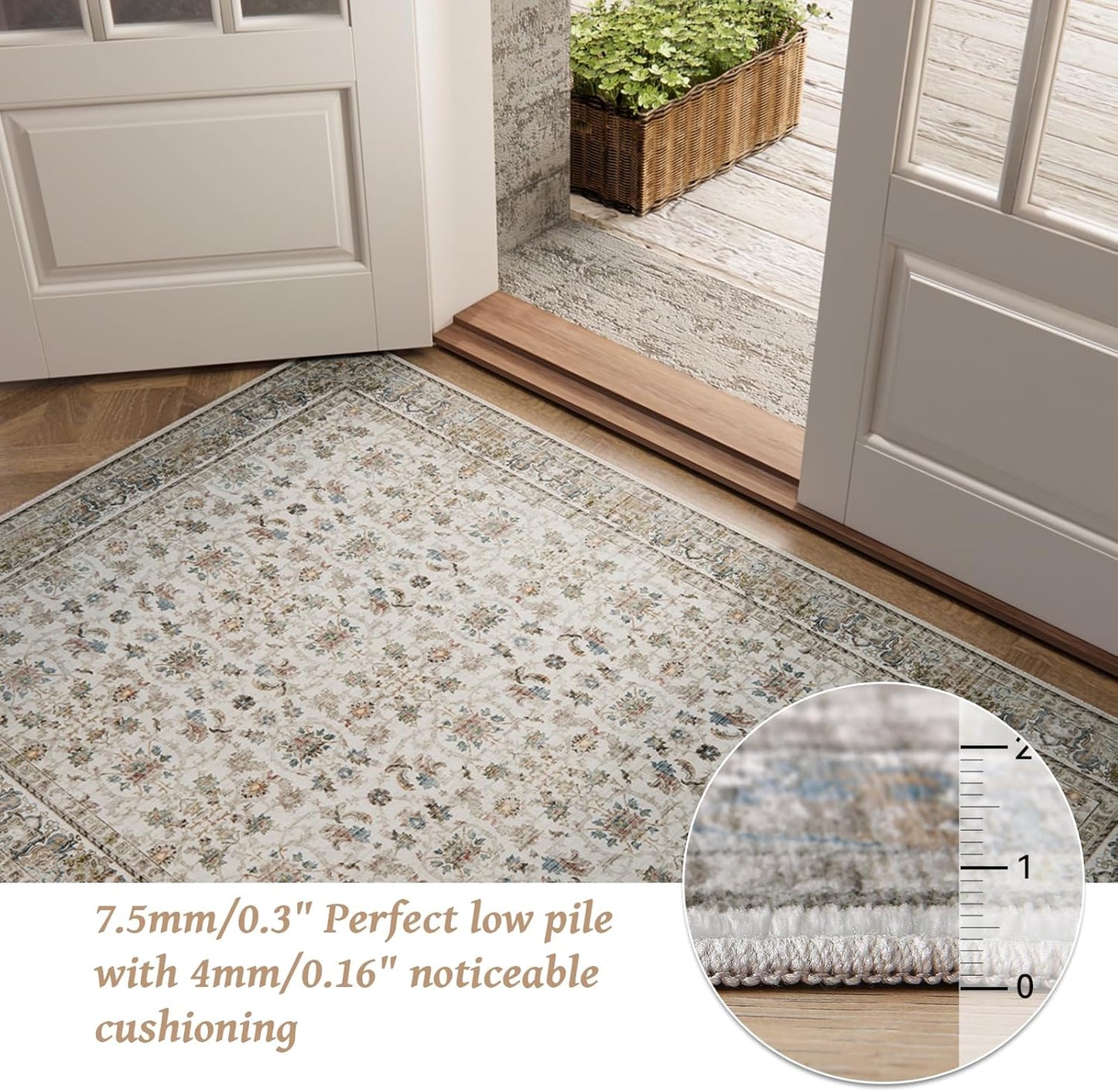 Washable 6x9 Area Rugs for Living Room, Boho Non-Slip Silicone Backing Large Rugs for Bedroom Dining Room Nursery Office, 0.3" Neutral Oriental Throw Carpet with 0.16" Cushioning Pad, Cream/Multi