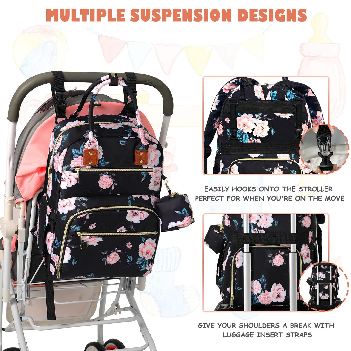 Baby Diaper Bag Backpack, Travel Diaper Bags for Girl Boy Large Capacity Baby Bag Backpack for Women Black Floral