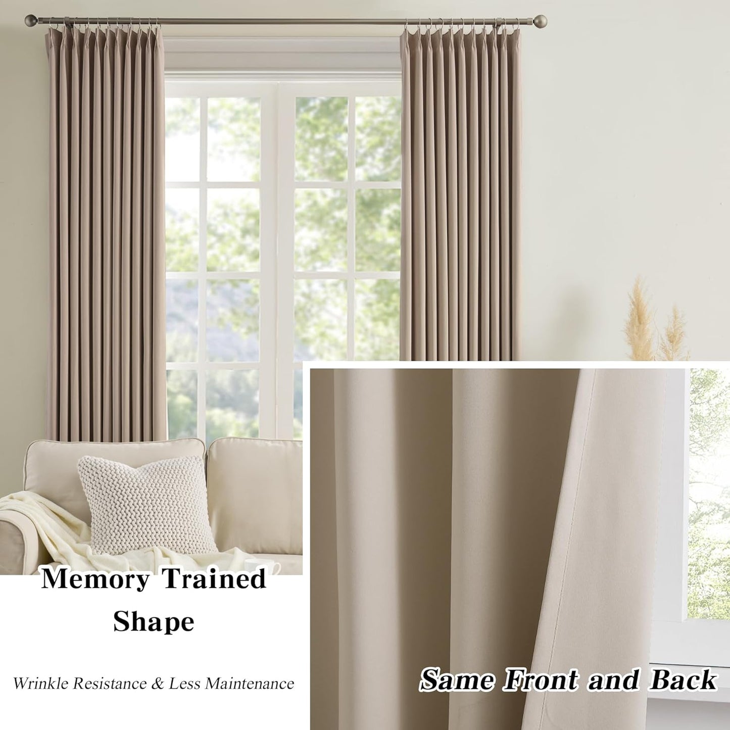 KEQIAOSUOCAI Extra Wide Pinch Pleated Blackout Living Room Curtains 102 Inches Long, Triple Weave Thermal Insulated Window Light Blocking Panels for Patio/Hall/Porch (Khkai, W80 x L102, Set of 2)