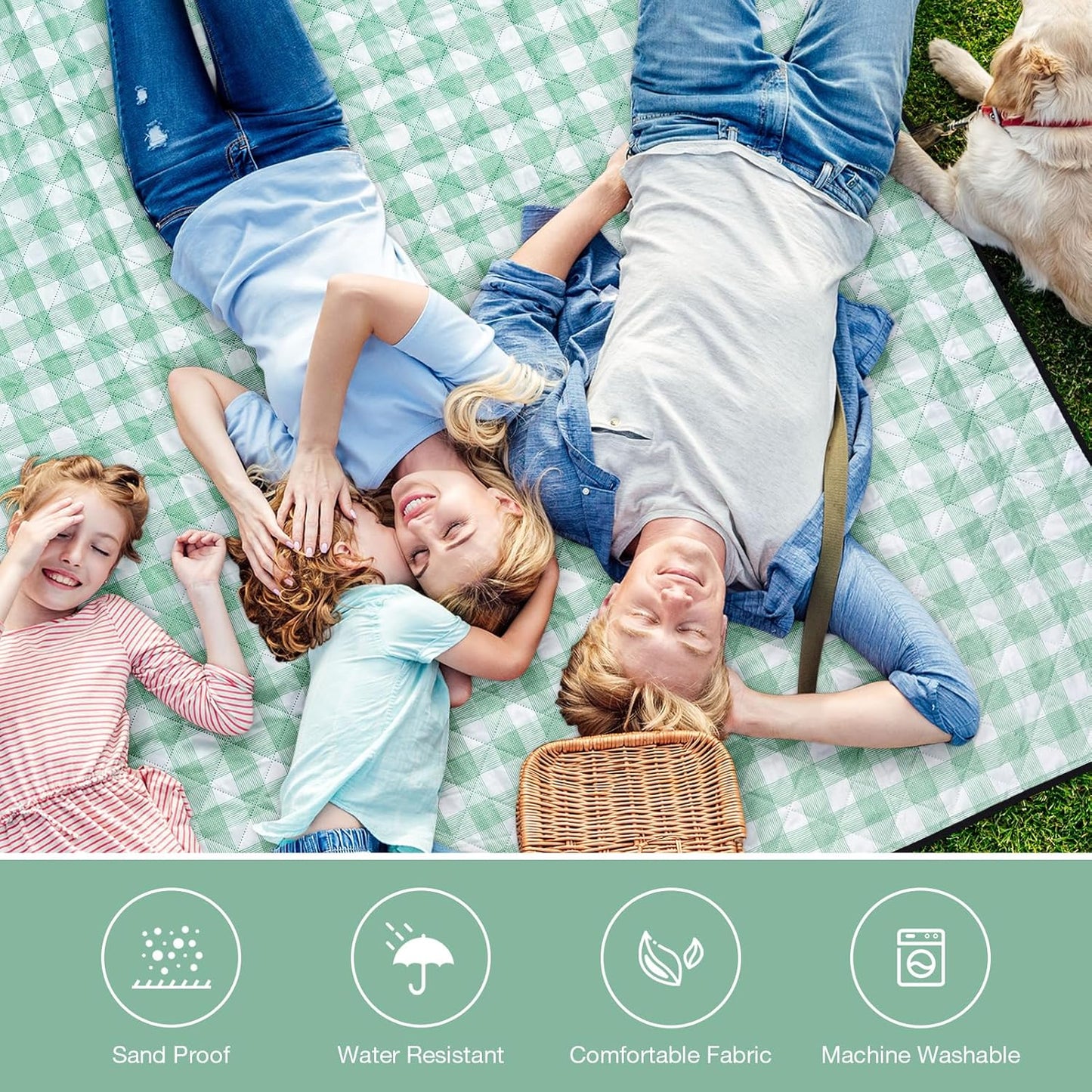 Picnic Blanket, 80''x80'' Waterproof Outdoor Blankets, Picnic Mat Washable for Beach, Picnic Blankets for Camping on Grass with Shoulder Strap - Green & White