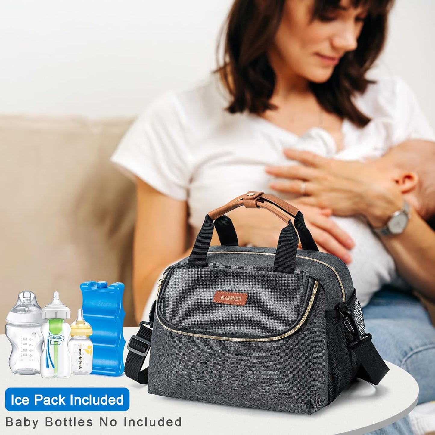 Breastmilk Cooler Bag with Ice Pack Fits 6 Baby Bottles up to 9 Ounce, Wearable Breast Pumps Cooler Bag for Nursing Mom Daycare, Work, Travel- Dark Grey