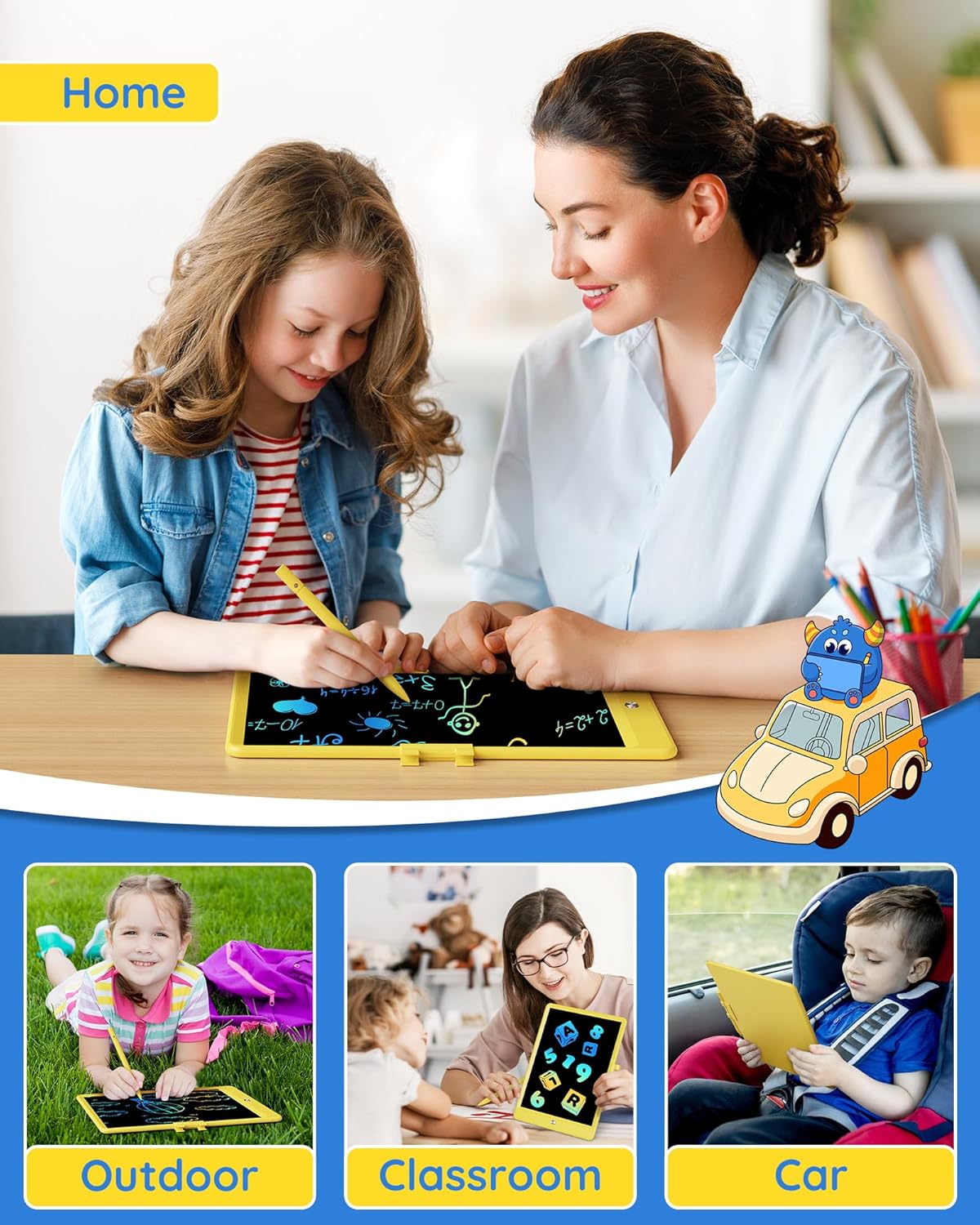 TEKFUN Toys for Girls Boys 10IN LCD Writing Tablet, Magic Doodle Board with Anti-Lost Stylus, Mess Free Coloring for Toddlers Drawing Pad, Toddler Travel Car Plane Trip Toys Gifts (Yellow)