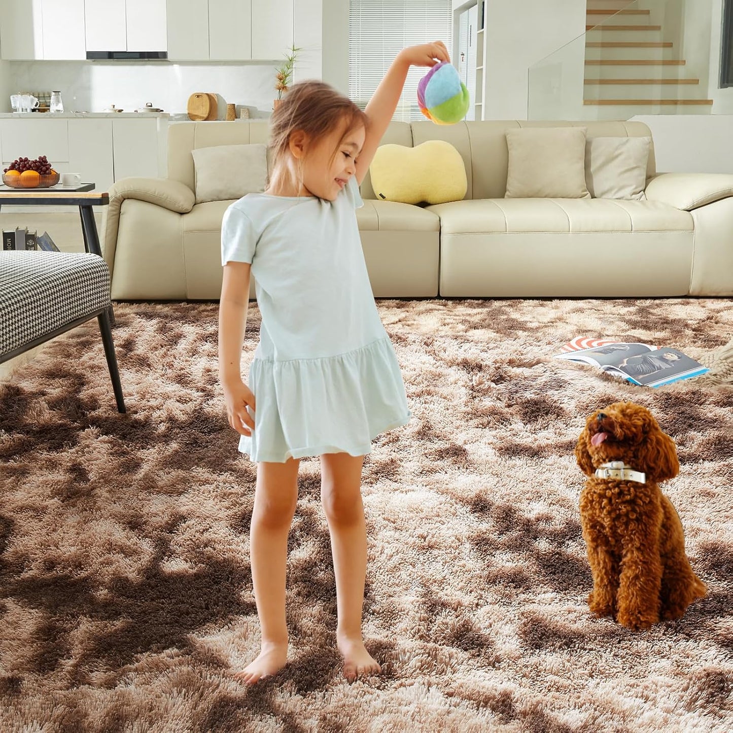 Ultra Soft Rug for Living Room, 3X5 Fluffy Shag Area Rug for Bedroom, Modern Shaggy Carpets Fuzzy Rug for Teens Dorm Nursery Home Decor Aesthetic, Upgrade Anti-Skid Durable, Tie-Dyed Coffee