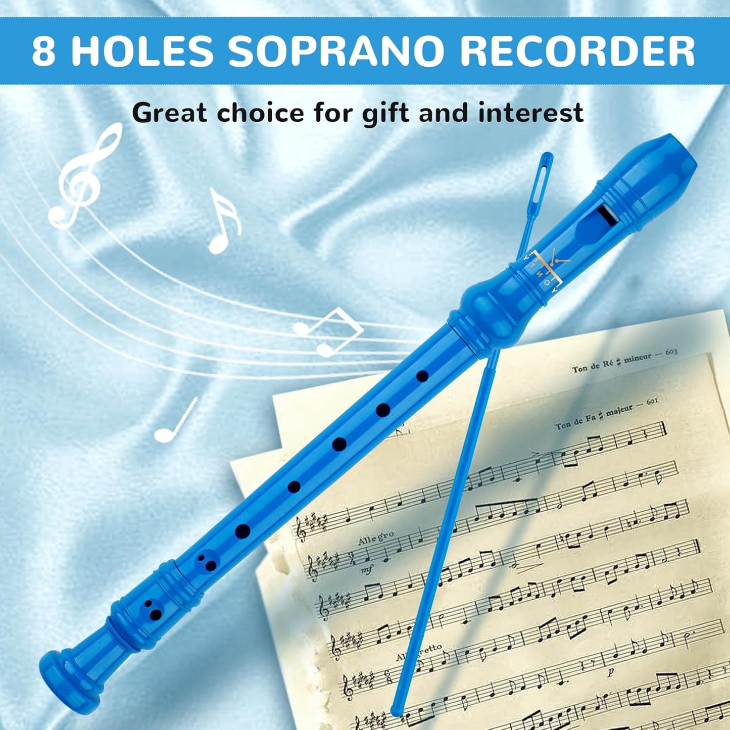 Soprano Recorder 8-Hole Instrument for Kids Beginners, Baroque Style C Key Kids Flute with Cleaning Rod & Case Bag for School Education Home Entertainment - Royal Blue