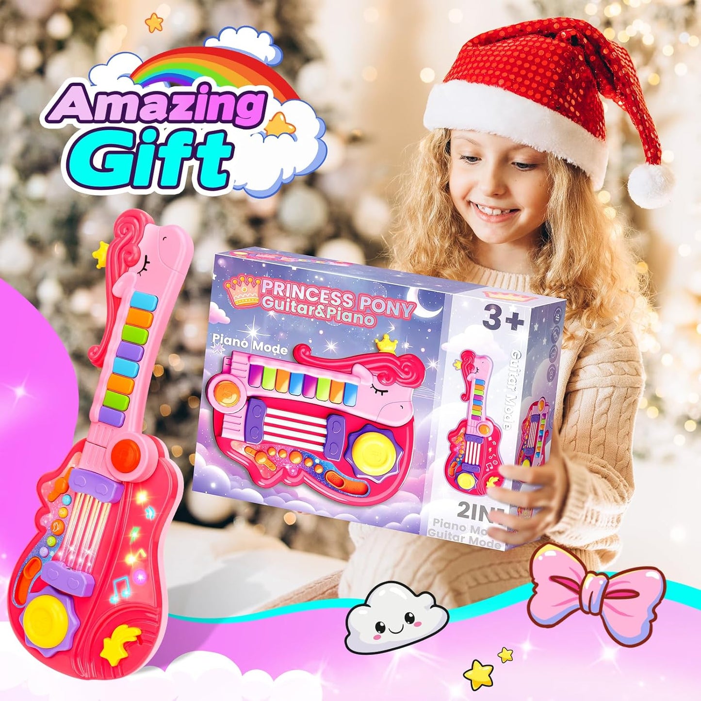 Kids Guitar Toy for 3 Year Old Girl Gift 2-in-1 Electric Guitars with Piano Mode for Toddlers 2-4 Light Up Music Toys for 2 3 4 5 Year Old Girls Boys Gifts