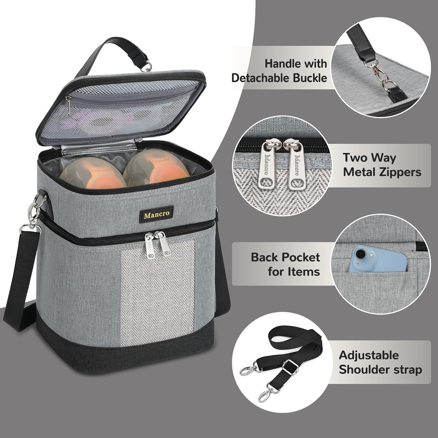 Mancro Breastmilk Cooler Bag with Ice Pack, insulated bottle bag for Daycare and Travel, Double Layer Baby Bottle Cooler Bag Fits 6 up to 9 Ounces for Nursing Moms, Light Grey