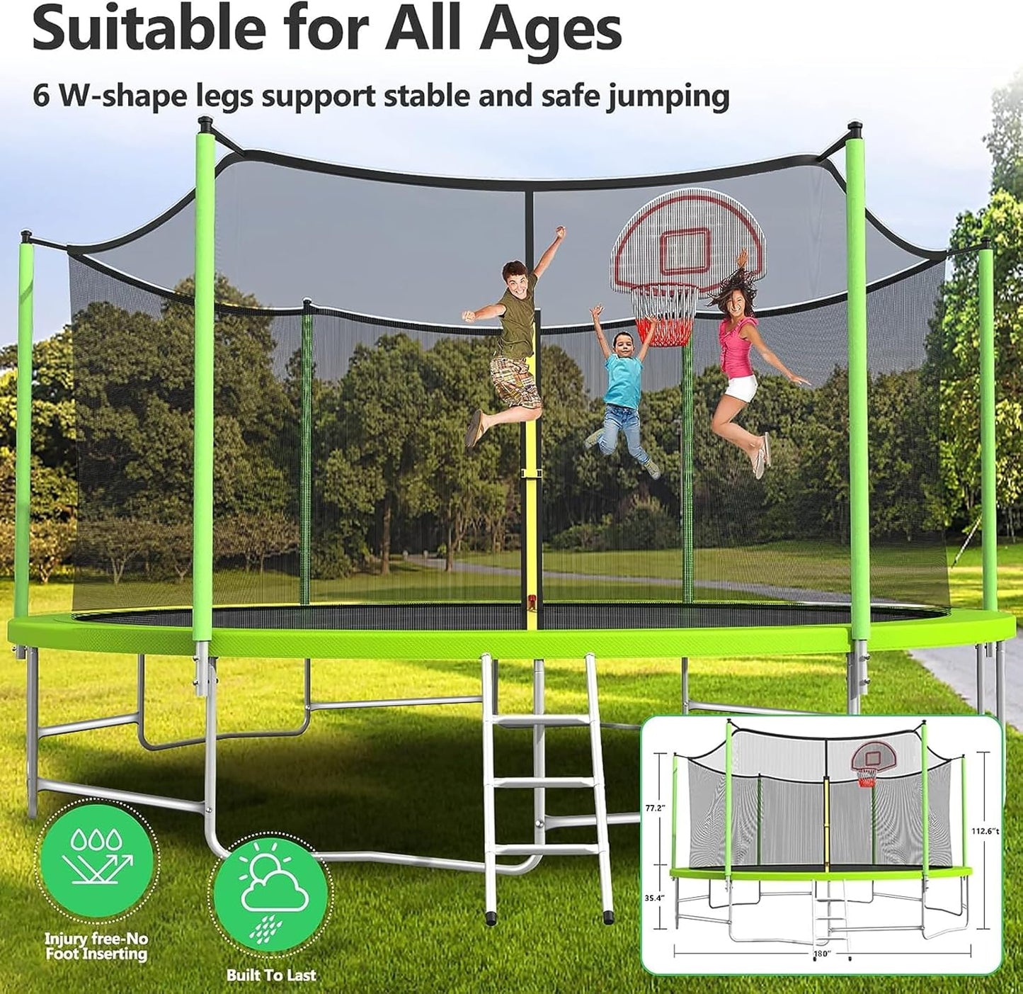 Upgraded 10/12/14/15/16FT Trampoline Outdoor, Large Kids Trampoline with Light, Stakes, Sprinkler, Backyard Trampoline with Basketball Hoop and Net, Capacity for 4-6 Kids and Adults