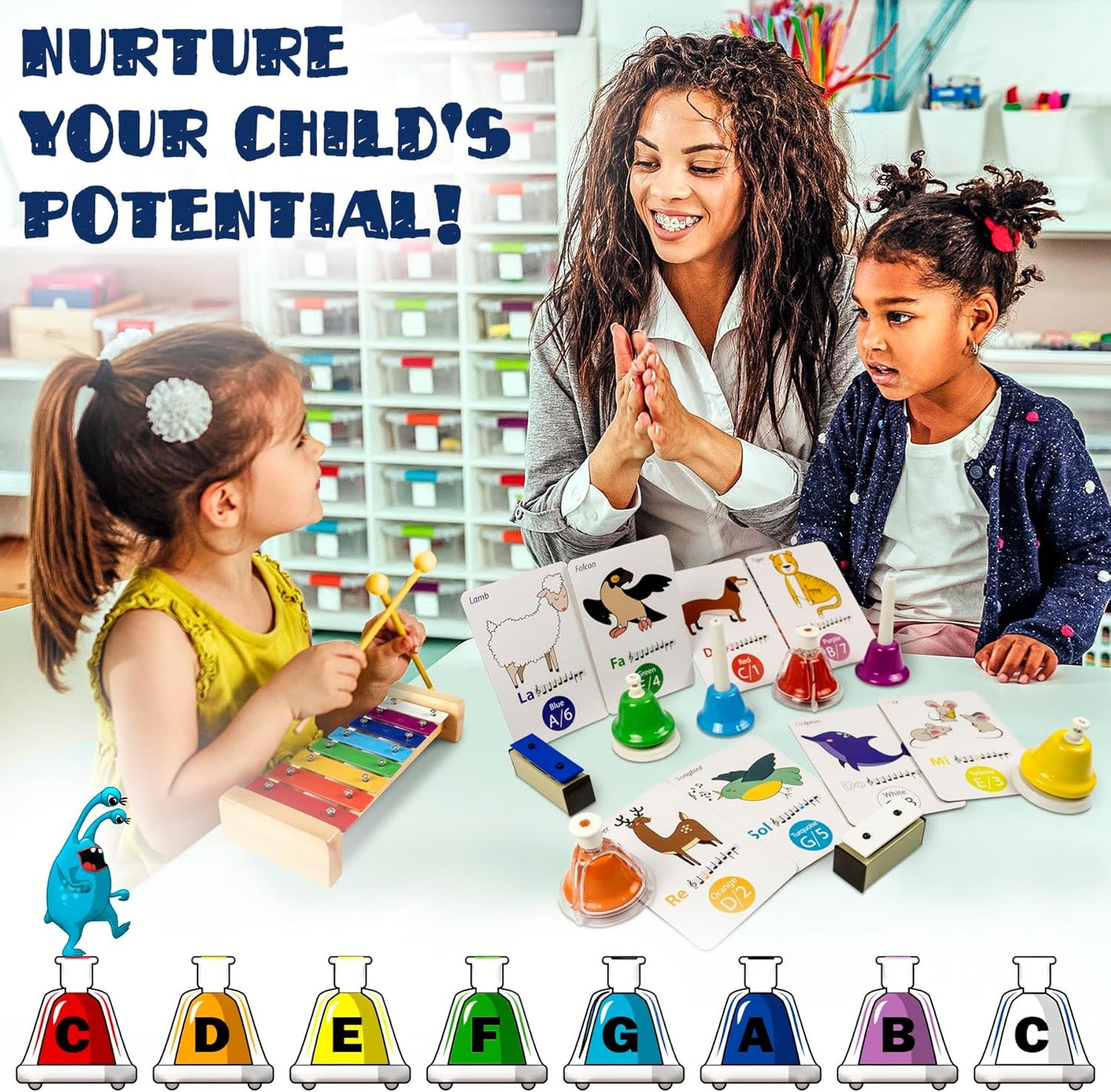 MINIARTIS Desk Bells for Kids | Educational Music Toys for Toddlers 8 Notes Colorful Hand Bells Set | Kids Musical Instrument with 15 Songbook | Great Birthday Gift for Children