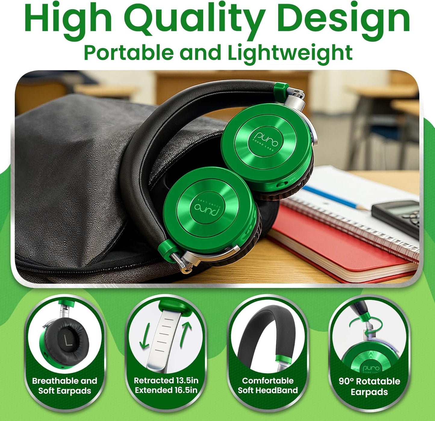 Puro Sound Labs JuniorJam Plus Volume-Limiting Wireless Bluetooth Headphones for Kids, Secure Audio with Adjustable On-Ear Design, 22-Hour Battery, Ideal for Tablets, Smartphones & PCs - Green