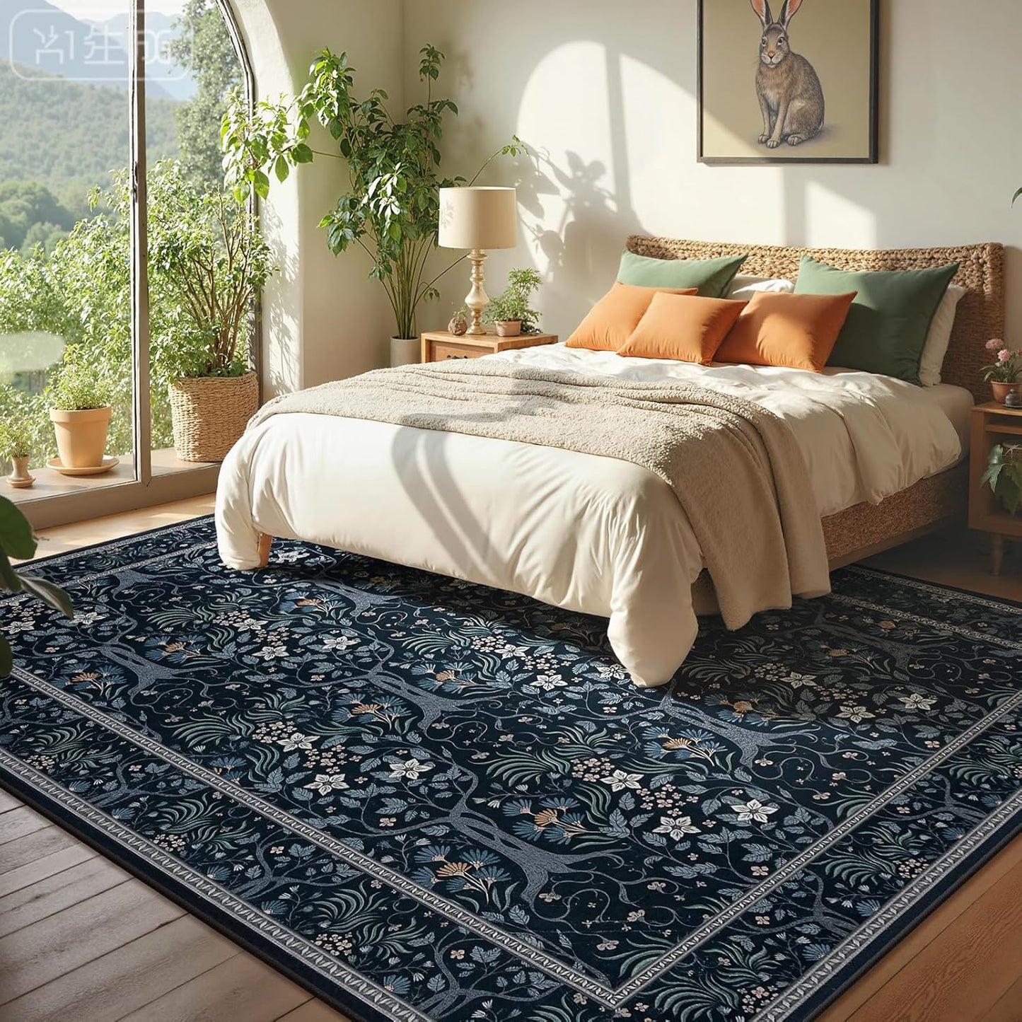 Joydeco Floral Living Room Rugs, Washable Large Bedroom Rug 8x10 Under Bed Non Slip, Soft Forest Botanical Low-Pile Floor Indoor Throw Carpet for Dining Table Home Office, Blue-Black