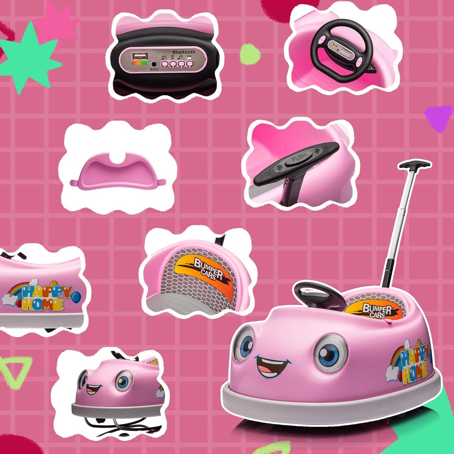 12V Dual Battery Electric Ride on Kids Bumper Car w/Remote Control,360 Degree Spin,Push Rod Rocker Horse Function,3-Speeds Babies & Toddlers Bumping Car Ride on Toy Gift for 1-4 Years Children (Pink)