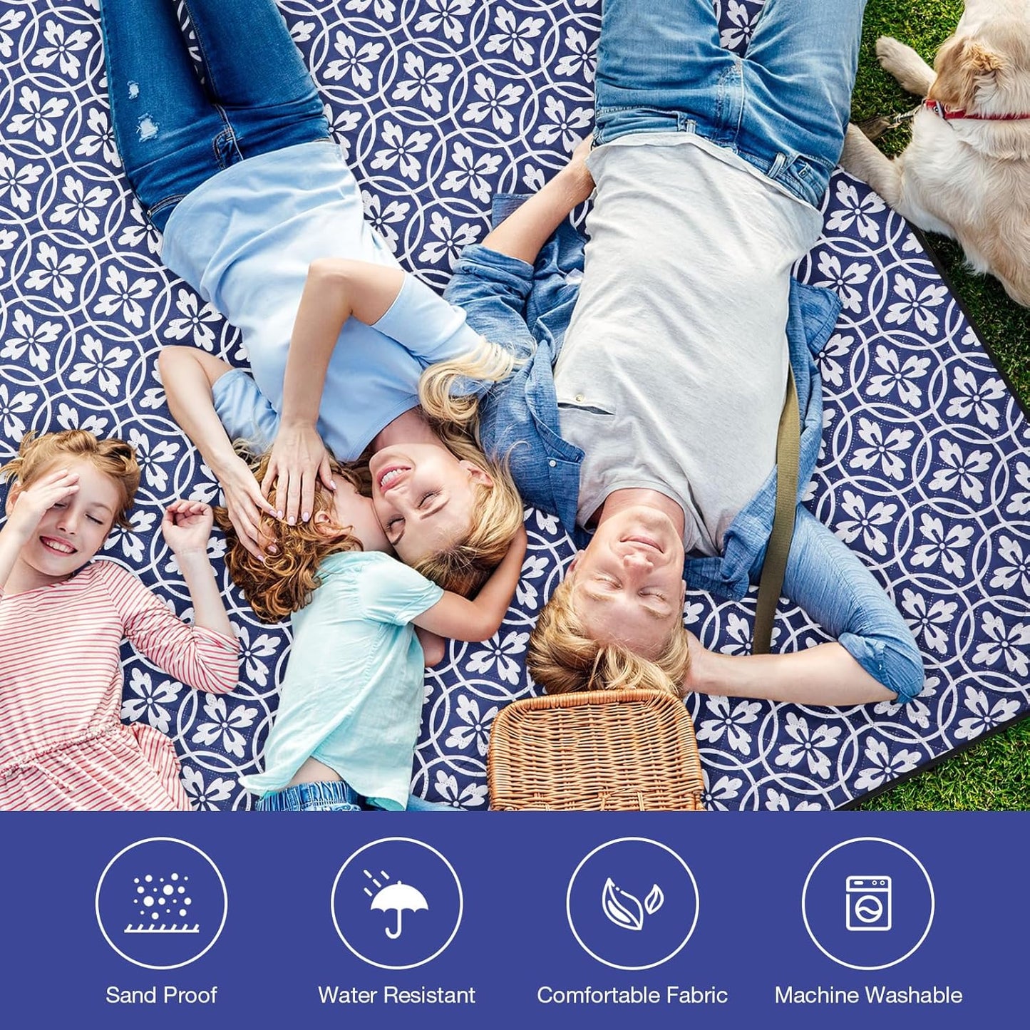 Picnic Blanket, 80''x80'' Waterproof Outdoor Blankets, Picnic Mat Washable for Beach, Picnic Blankets for Camping on Grass with Shoulder Strap - NavyBlue