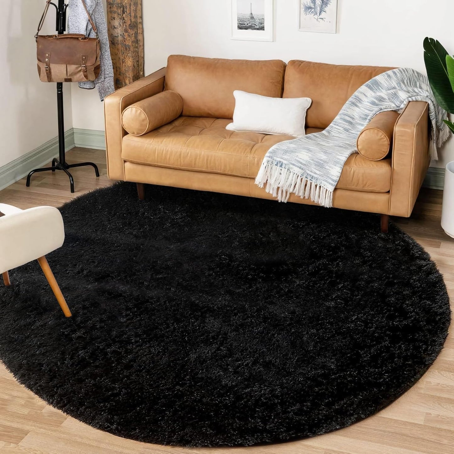 4FT Round Rug for Bedroom: Fluffy Shag Soft Washable Rugs Circle Small Fuzzy Plush Indoor Carpet for Living Room Nursery Playroom Dorm Kids Girls Boys Room (Black, 4'x4')