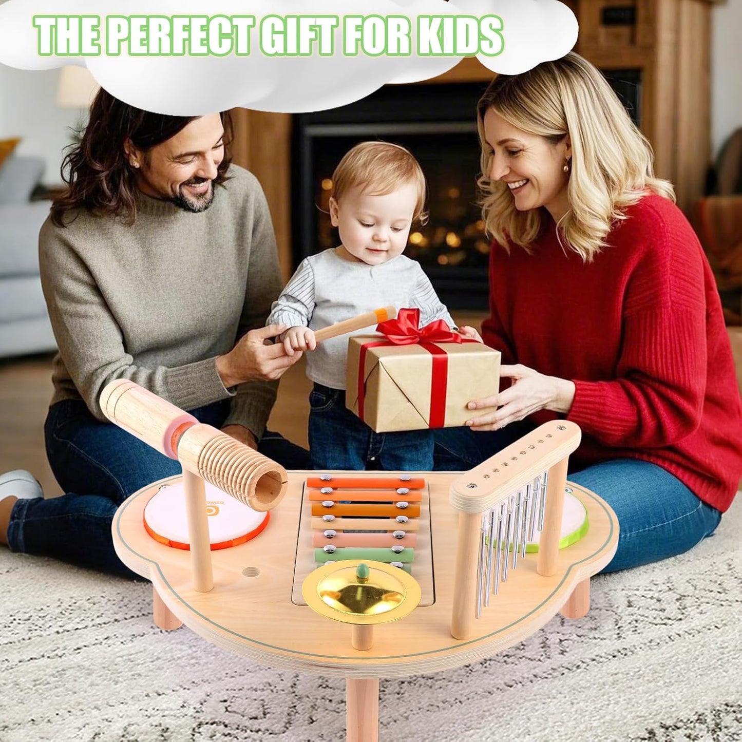 Asweets 7 in 1 Kids Drum Set for Toddlers Wooden Xylophone Musical Instruments Kit Play Set for Toddler Baby Drum Set Montessori Toys Sensory Toys Birthday Gifts for Girls Boys (Cloud)