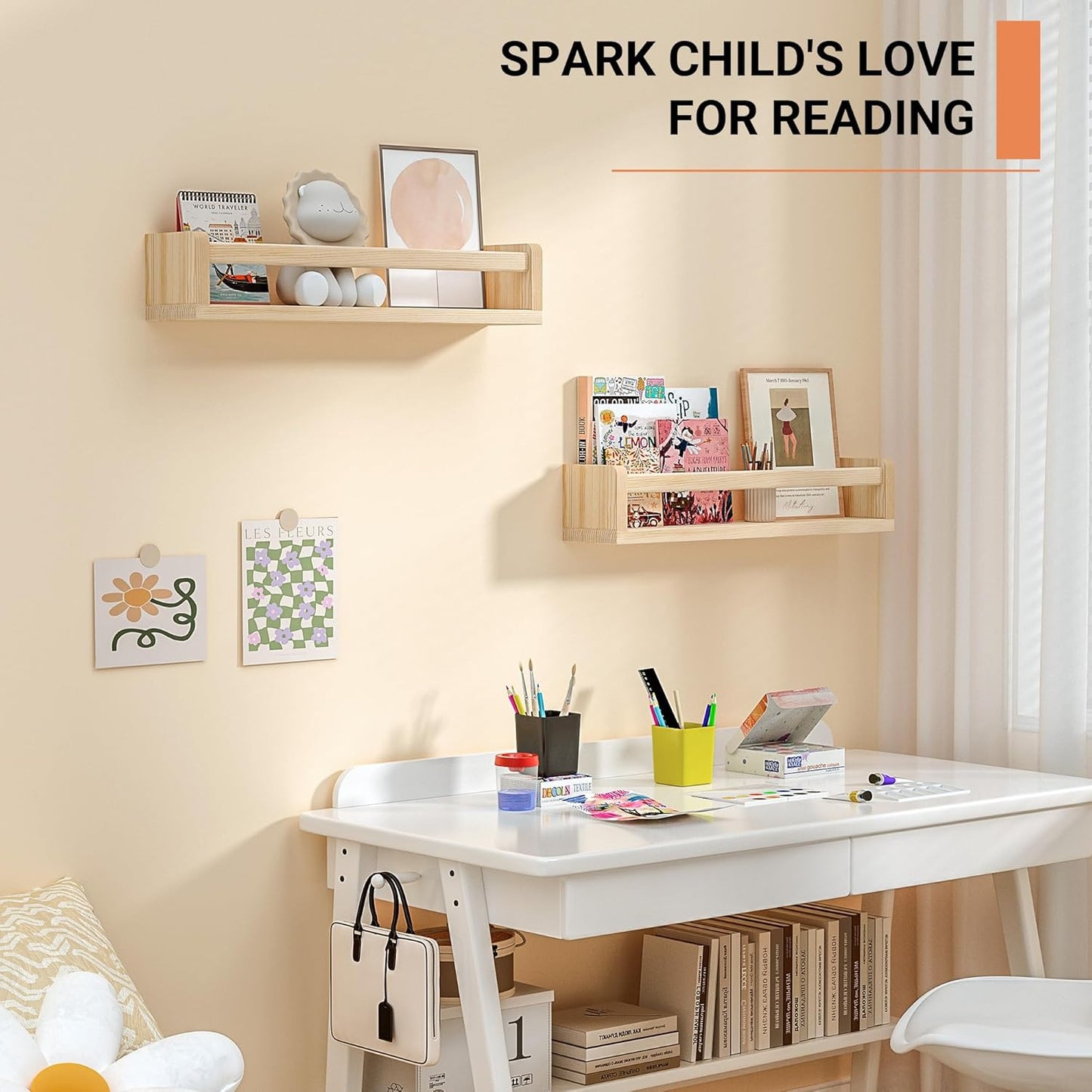 Heimlove Nursery Floating Shelves, Wood Nursery Book Shelves for Wall, 16 inch Wall Bookshelf for Kids Solid Wood Wall Mounted Shelves for Books,Toys and Decor Storage, Set of 2