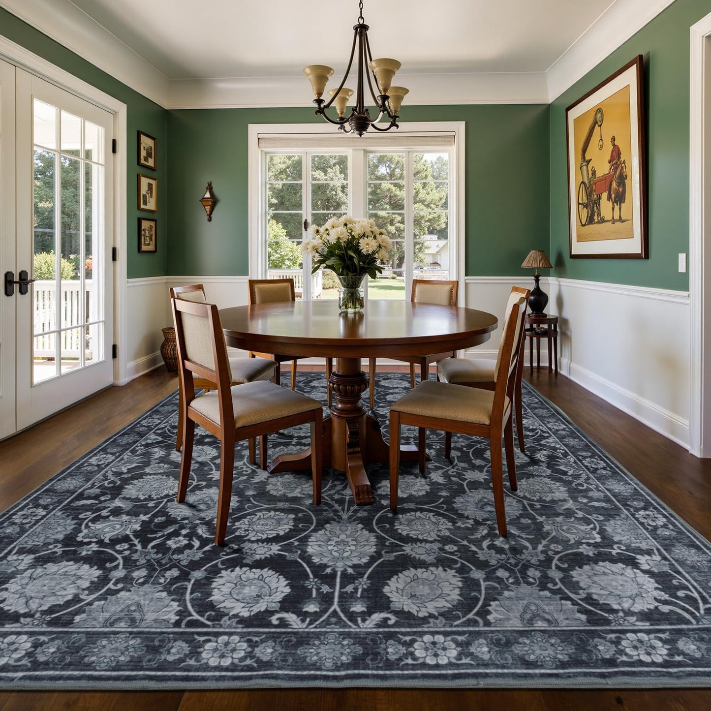 Black 8x10 Area Rugs for Living Room, Washable Large Bedroom Rug, Soft Non Slip Floral Carpet, Stain Resistant Low Pile Carpets for Indoor Under Table Dining Home Office Nursery, Black