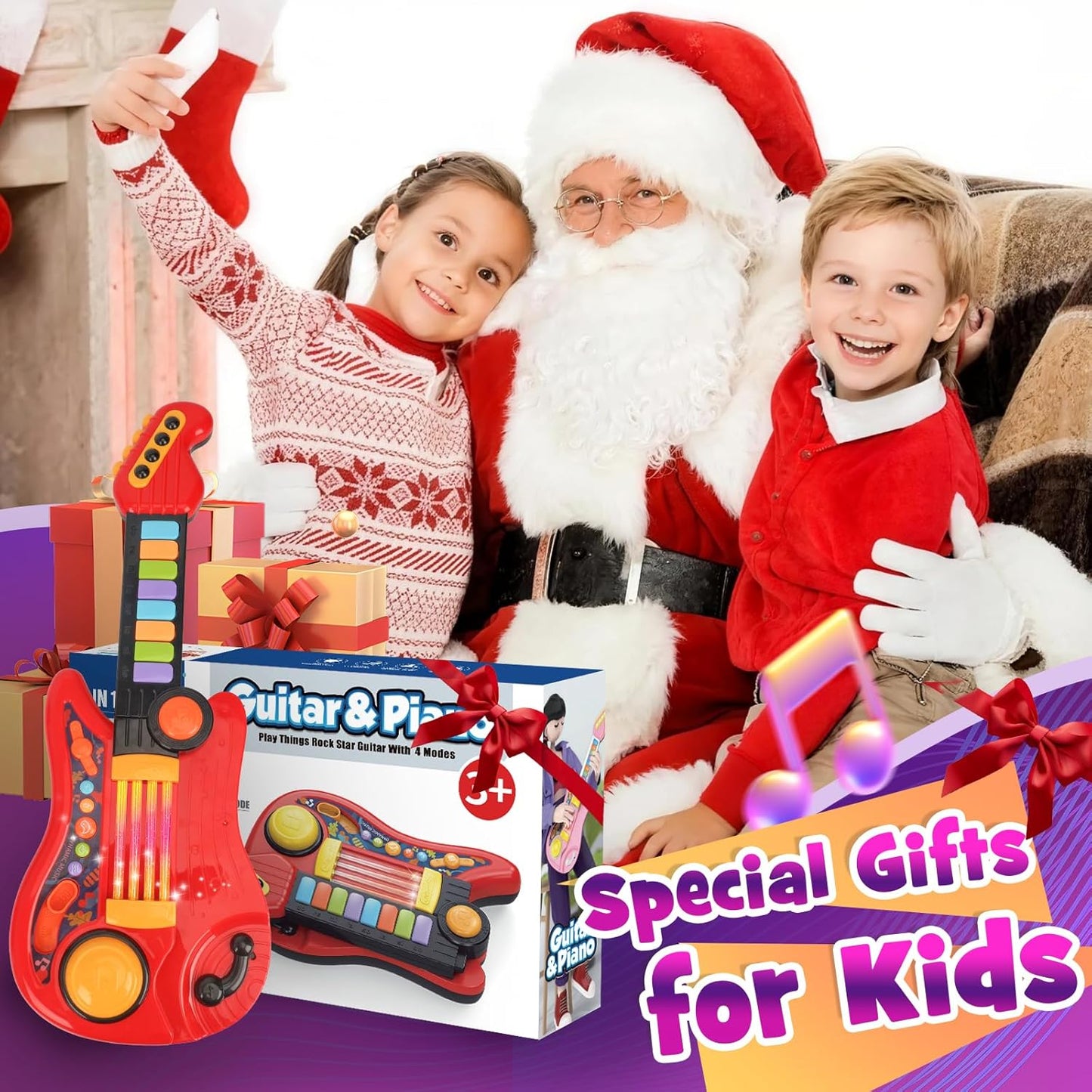 Kids Guitar Toy for 3 Year Old Boy Birthday Gift 2-in-1 Electric Guitars & Piano for Toddlers 2-4 Light Up Music Toys for 3 4 5 Year Old Boys Girls Gifts