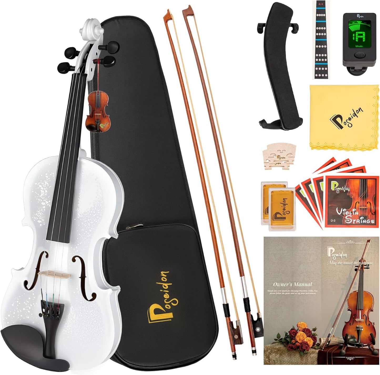 Poseidon Violin for Beginner, Violin Set with Acoustic Violin Starter Kit/Hard Case, Two Bows, Two Rosins,Two Horse Bridge, Extra Strings, Shoulder Rest, Clip-on Tuner, Instruction Manual, White