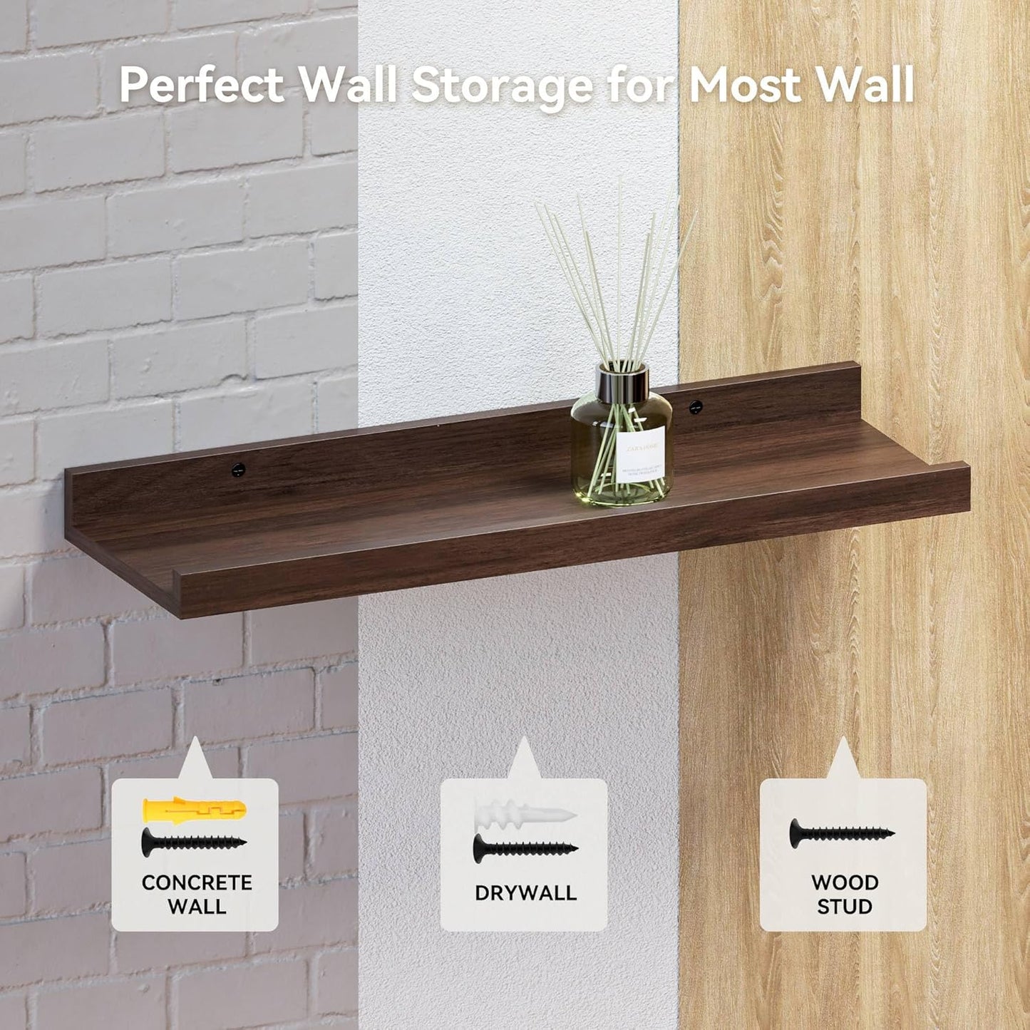 Floating Shelves Wall Mounted Set of 2, Farmhouse Wall Shelves for Storage with Lip, Display Picture Ledge Shelf for Wall Decor Bedroom Living Room Bathroom Kitchen - Walnut