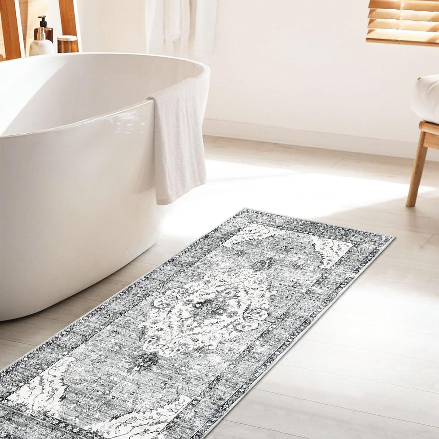 Grey 2x4 Rugs Boho Washable Small Area Rugs for Entryway Bathroom Kitchen, Small Rugs Soft Low Pile Non-Slip Rubber Backing Oriental Door Mat(Border Grey)