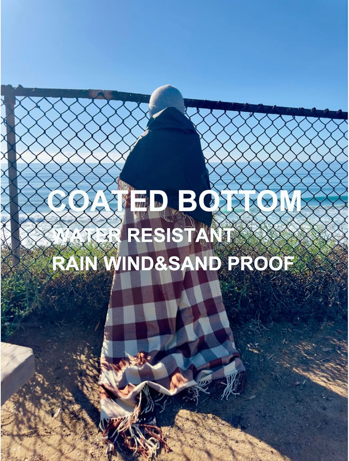 Picnic Blanket Extra Large Waterproof with Strap 59"x79" - Machine Washable Tassels Faux Wool Cashmere for Park, Grass, Camping, Hiking, Concerts (Coffee Plaid, 59"X79")