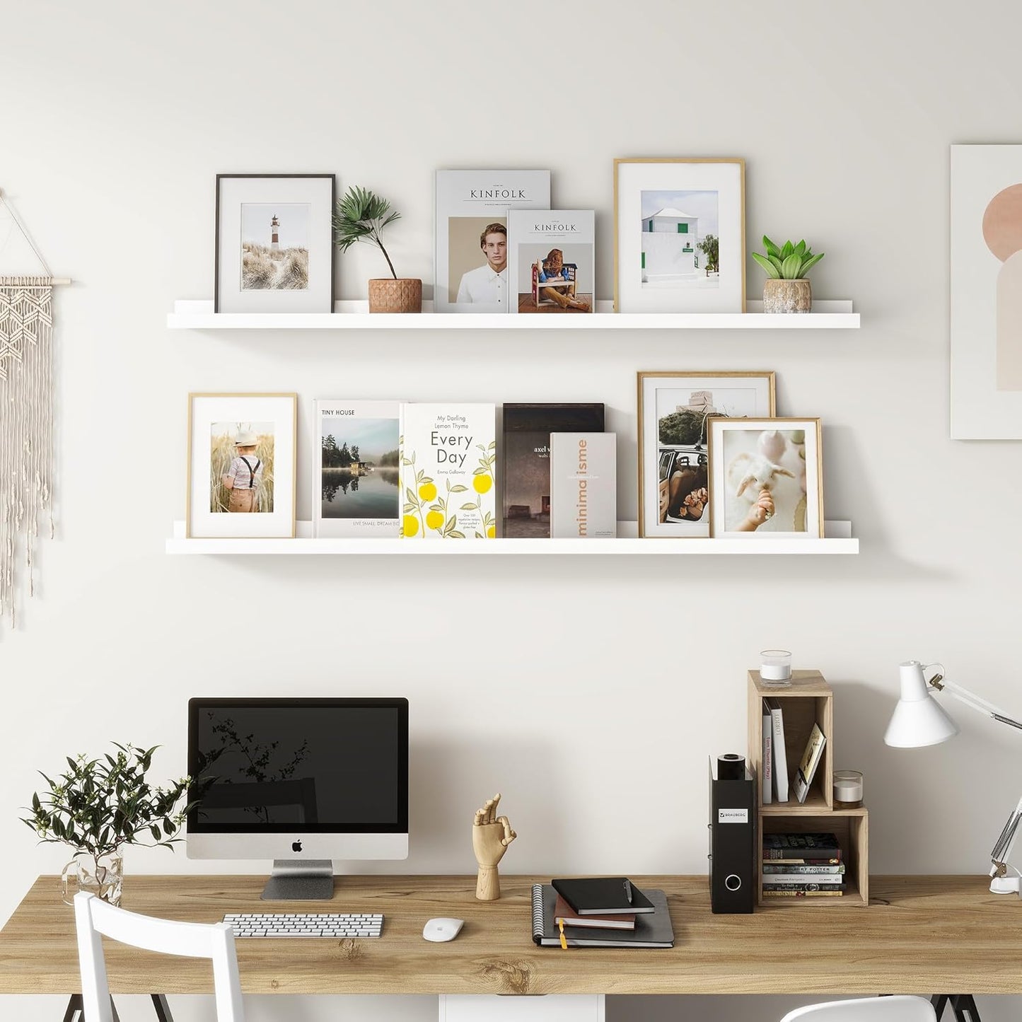 Picture Ledge Shelf, Floating Shelves Set of 2, Solid Pine Wood 55'' Long Large Nursery Book Shelves for Toys Storage, Kids Bookshelf for Living Room Bedroom Decor Books Photo Frames, White