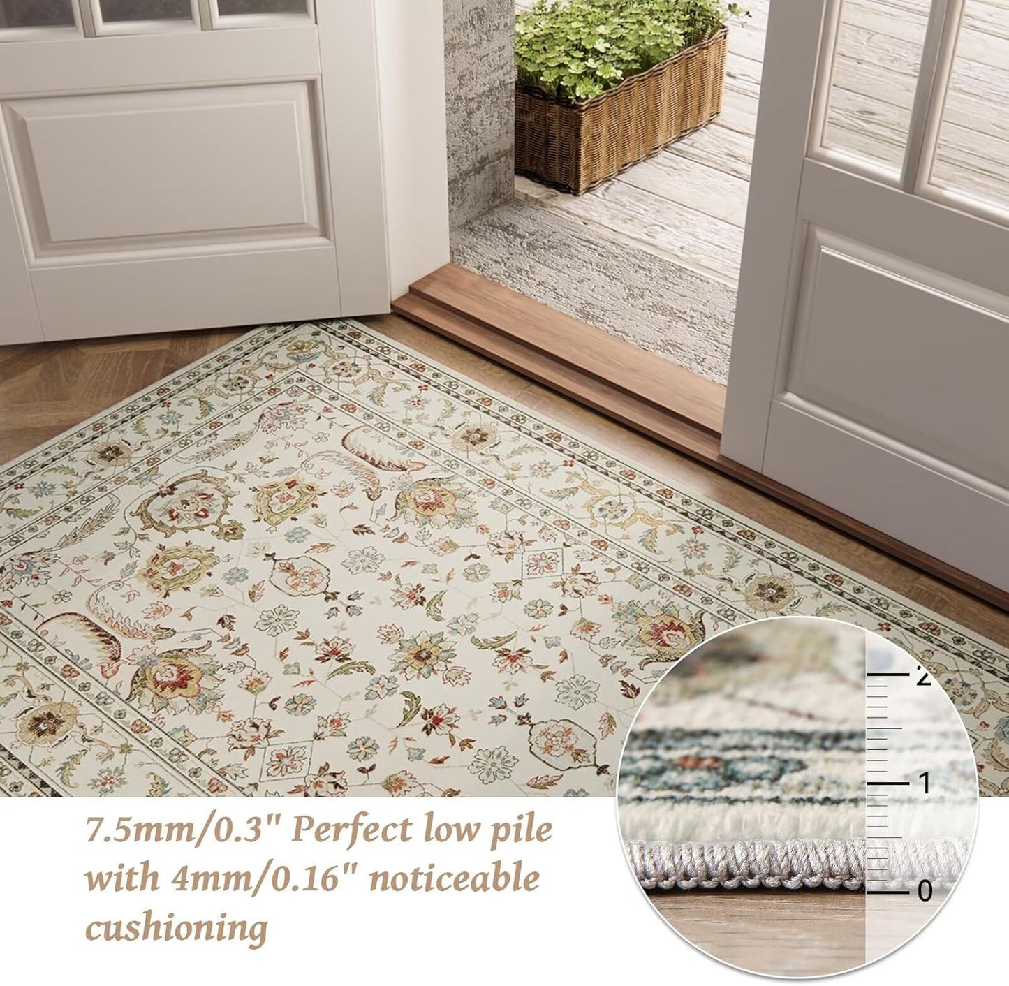 Washable 10x14 Area Rugs for Living Room, Boho Non-Slip Silicone Backing Rugs for Bedroom Dining Room Office, 0.3" Neutral Oriental Throw Carpet with 0.16" Cushioning Pad, Light Beige/Multi