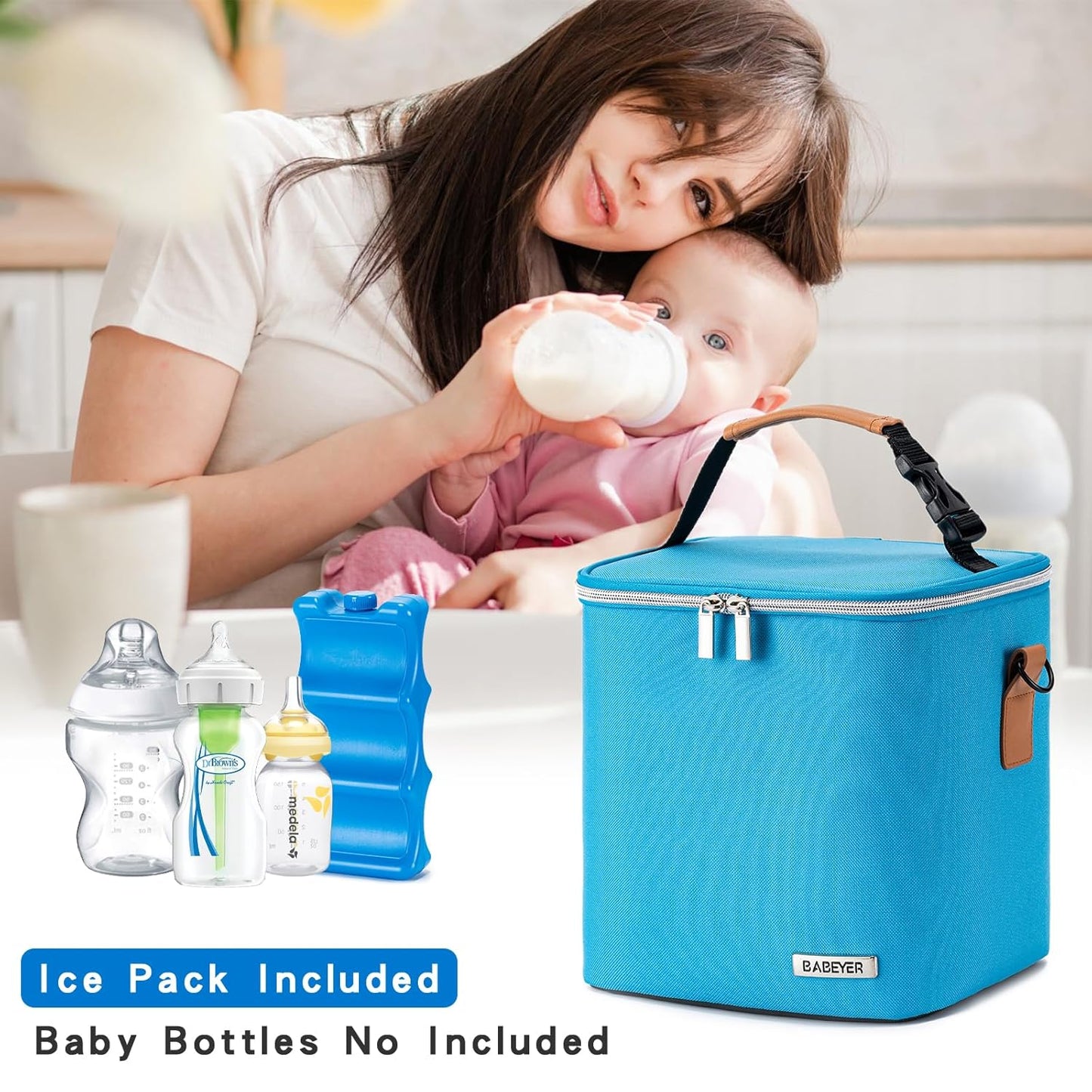 Breastmilk Cooler Bag with Ice Pack Fits 6 Baby Bottles Up to 9 Ounce, Baby Bottle Bag with Shoulder Strap for Nursing Mom Daycare, Blue