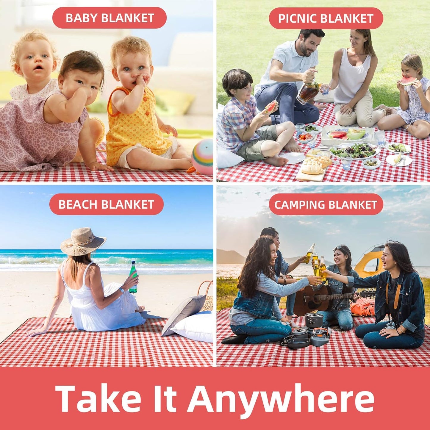 ZAZE Picnic Blanket Extra Large Waterproof, 80''x80''Checkered Picnic Blankets Beach, Outdoor, Camping on Grass Accessories Couple Ideas Wedding Registry Gifts (Red and White)