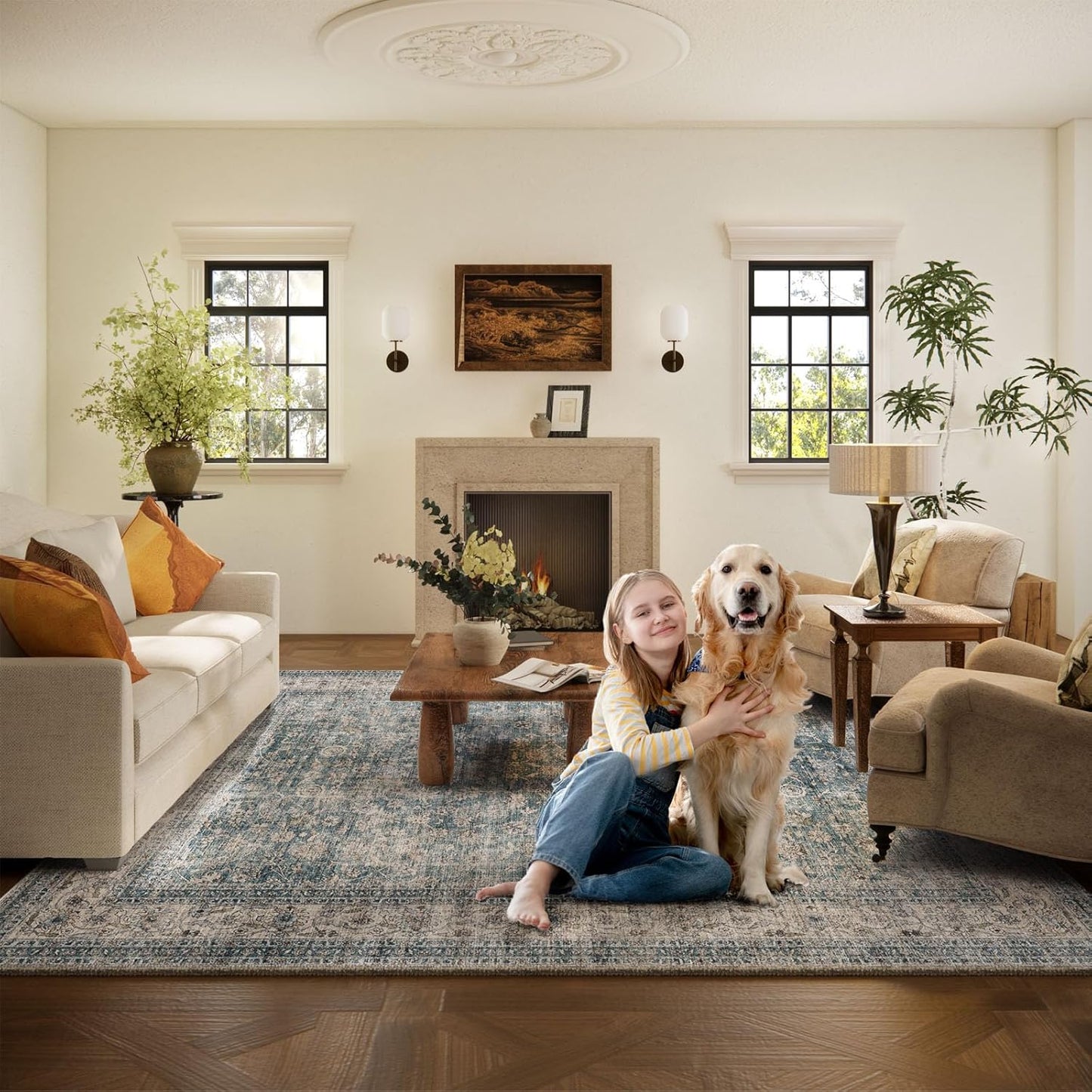 Machine Washable Living Room Rug: 8x10 Area Rugs for Bedroom Vintage Stain Resistant Non Slip Low Pile Lightweight Boho Carpet for Kitchen Dining Room Farmhouse Kids Room Nursery