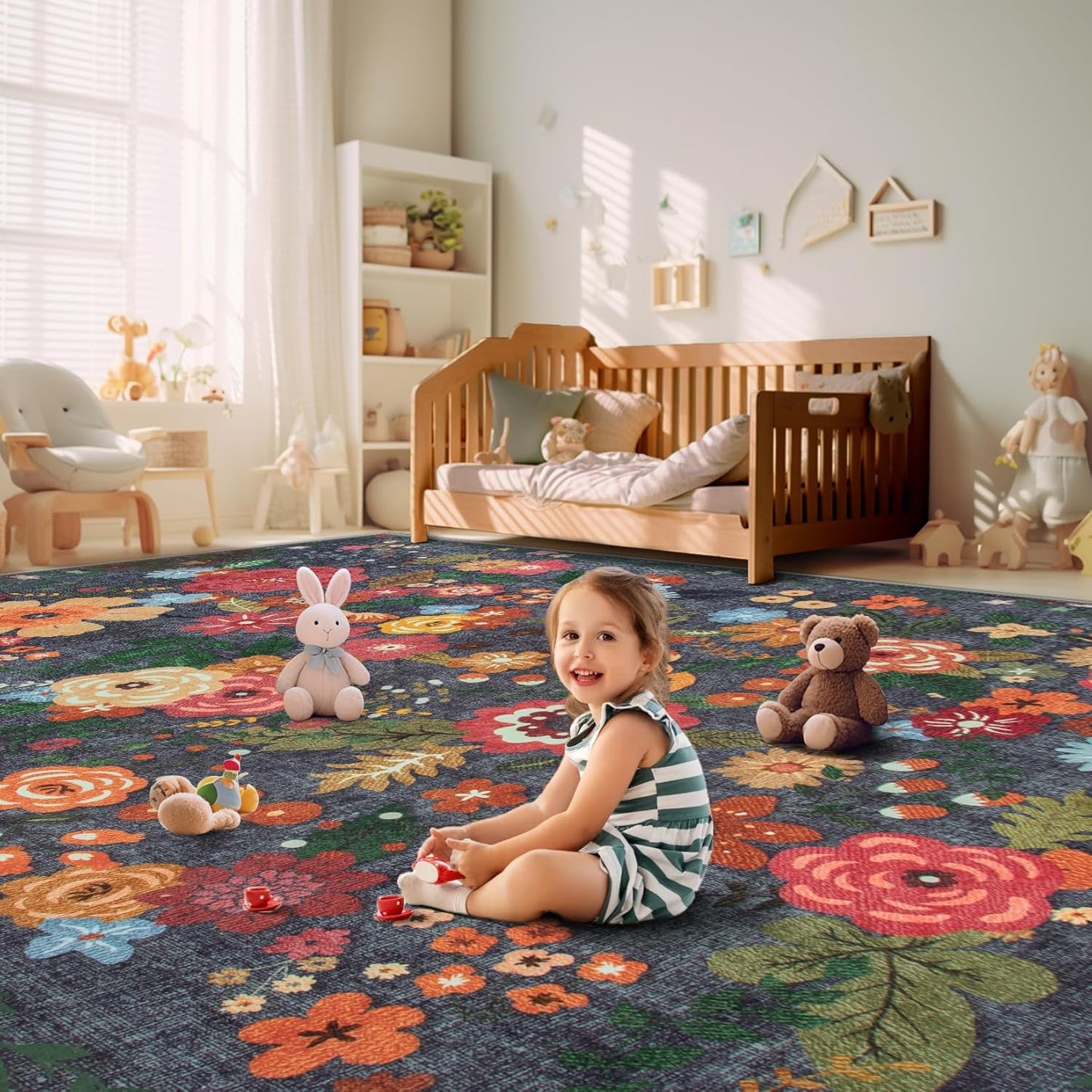 9x12 Area Rug for Living Room: Vintage Floral Washable Rug Soft Boho Non Slip Carpet Large Indoor Floor Non Shedding Low Pile Thin Carpets for Bedroom Dining Room Farmhouse Nursery Home Office Black