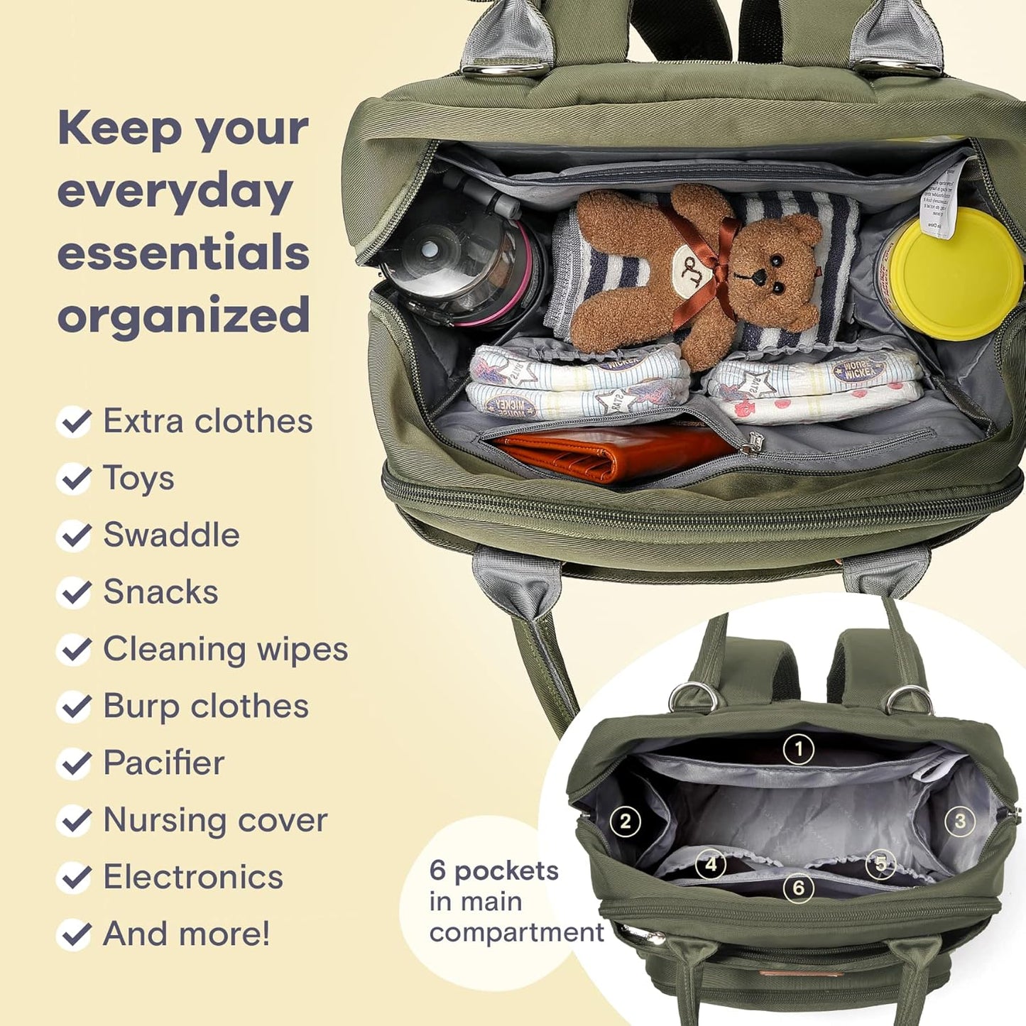 RUVALINO Diaper Bag Backpack-Expandable Baby Bag with up to 50% Capacity -Baby Essentials Bag with Changing Pad Insulated Bottle Holders & Pacifier Case, Waterproof, Army Green XL