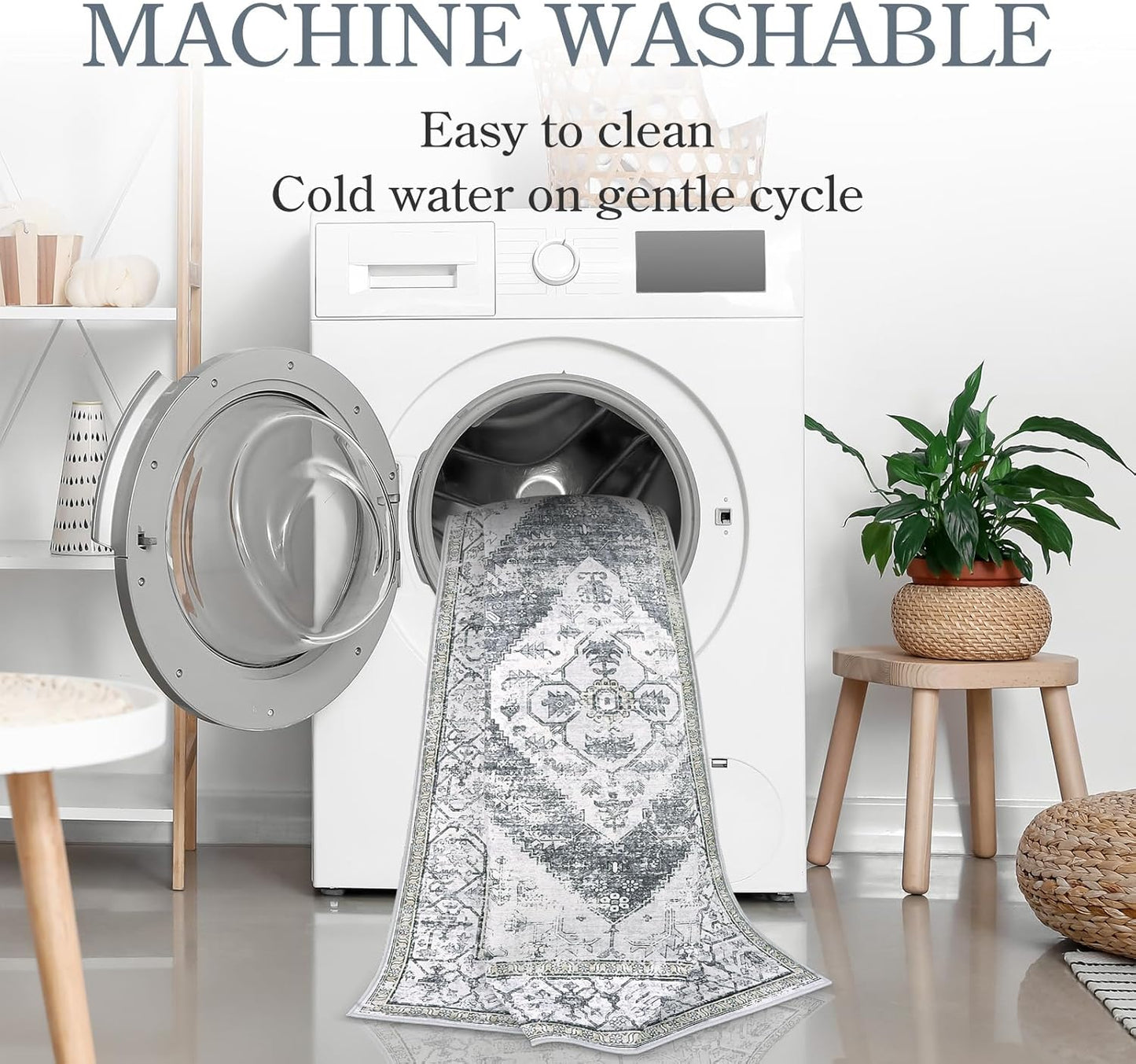 Lahome Boho Washable Rugs for Bedroom - 3x5 Area Rugs for Living Room Throw Non-Slip Thin Entryway Rug Kitchen Rugs Grey Oriental Distressed Print Capet for Office Bathroom Laundry Room Dining Room