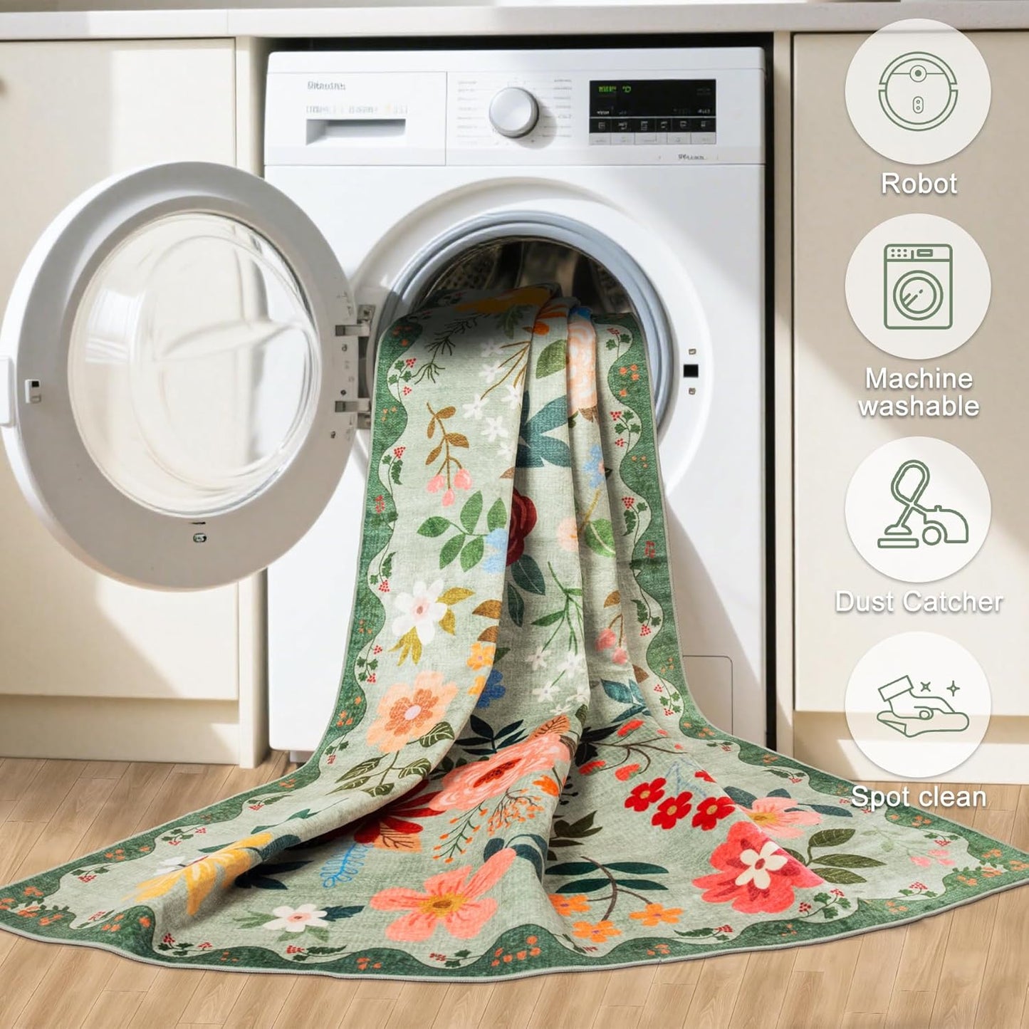 Entryway Rug 2X3 Small Rugs: Floral Washable Door Mat Vintage Soft Low Pile Non-Slip Kitchen Rugs Stain Resistant Indoor Throw Rug for Entrance, Bedroom, Kitchen, Laundry, Bathroom Green