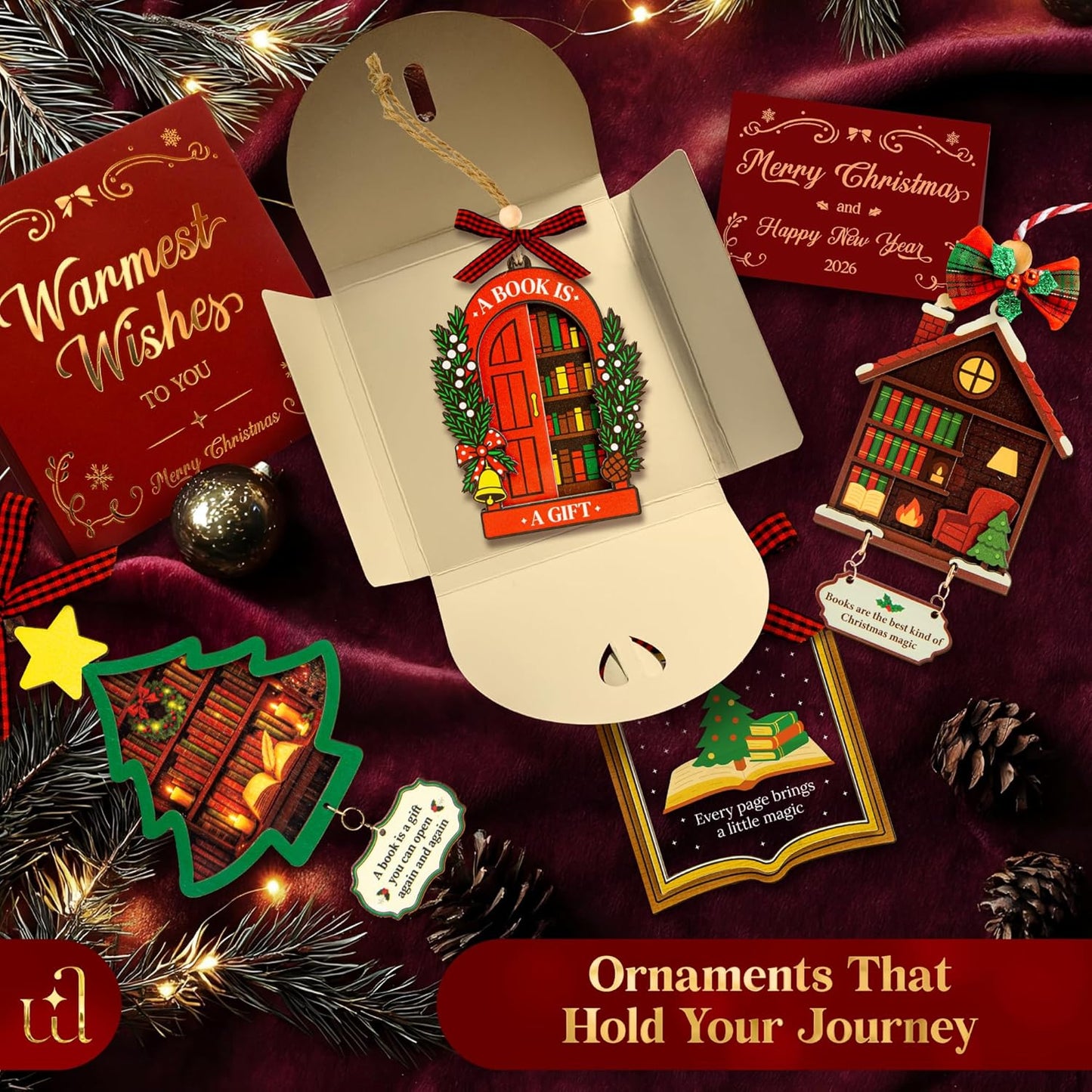 Book Christmas Ornament 2025 - Book Lovers Gifts for Book Lovers Women, Cute Bookish Gifts for Readers Bookworm, Unique Librarian Gift Reading Ornaments for Library Books Club Decor