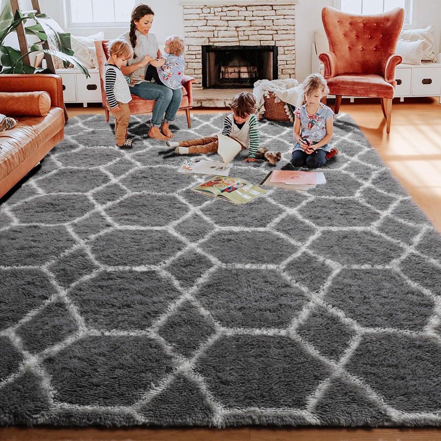 ONASAR Large Area Rugs for Living Room, 7x10 Grey and White Rug, Moroccan Thick Floor Mat for Bedroom Home Decor Aesthetic, Soft Fuzzy Shaggy Plush Fluffy Geometric Carpet for Dorm Classroom