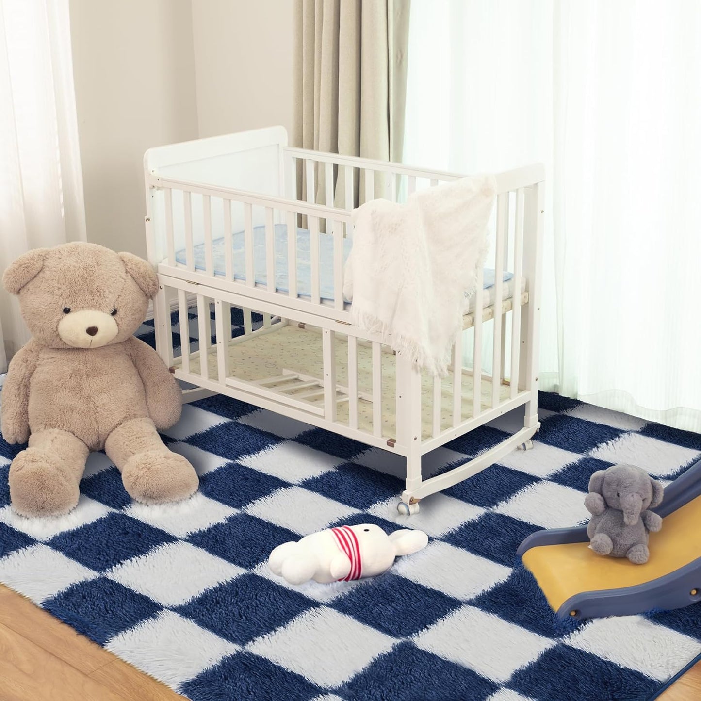 Super Soft Rug for Bedroom, 5x7 ft Blue and White Area Rug Classic Checkered Shaggy Anti-Skid High Pile Soft Fluffy Rug Fuzzy Carpet for Living Room Bedroom Kids Room Nursery, Dorm