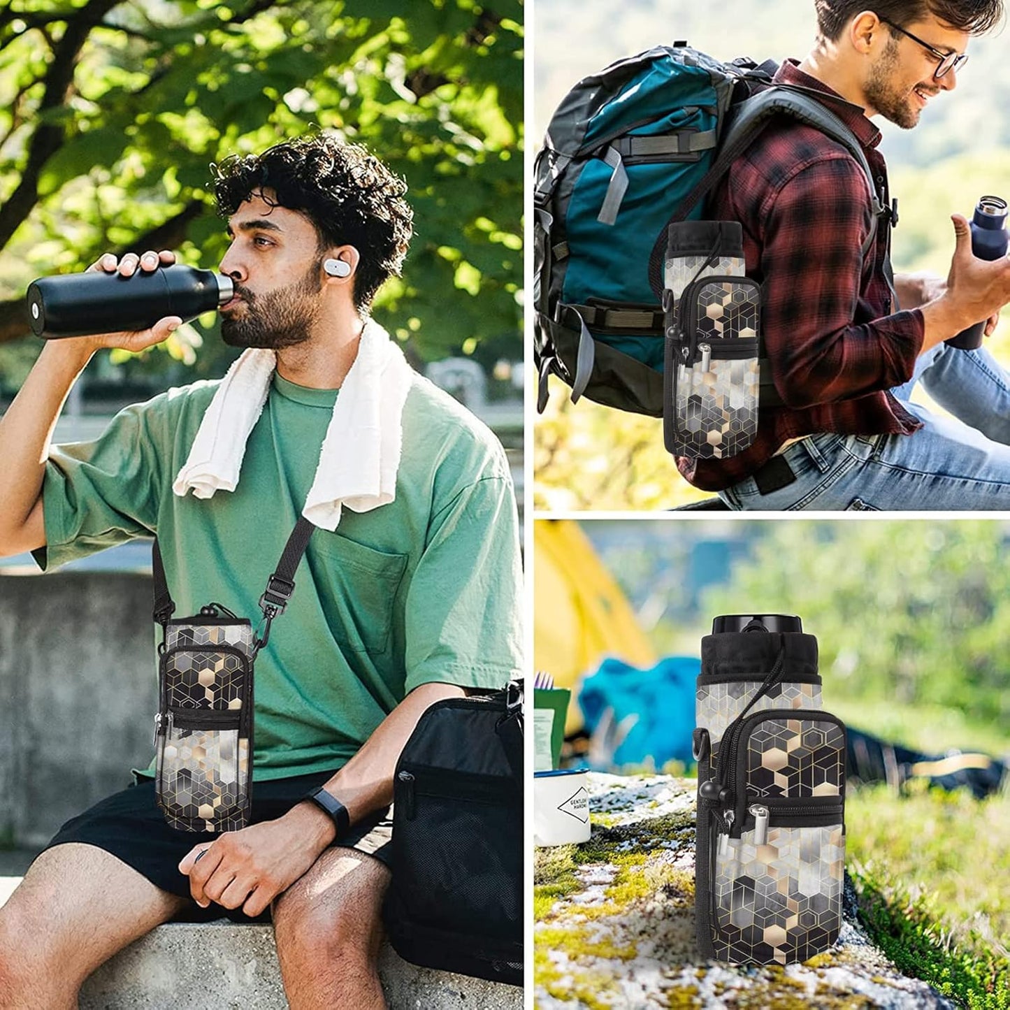 25/32/40/64oz Water Bottle Bag Holder Carrier-Insulated Crossbody Sling Case Sleeve with Strap & Pockets for Men Women Gym Cycling Travel Walking Hiking Camping