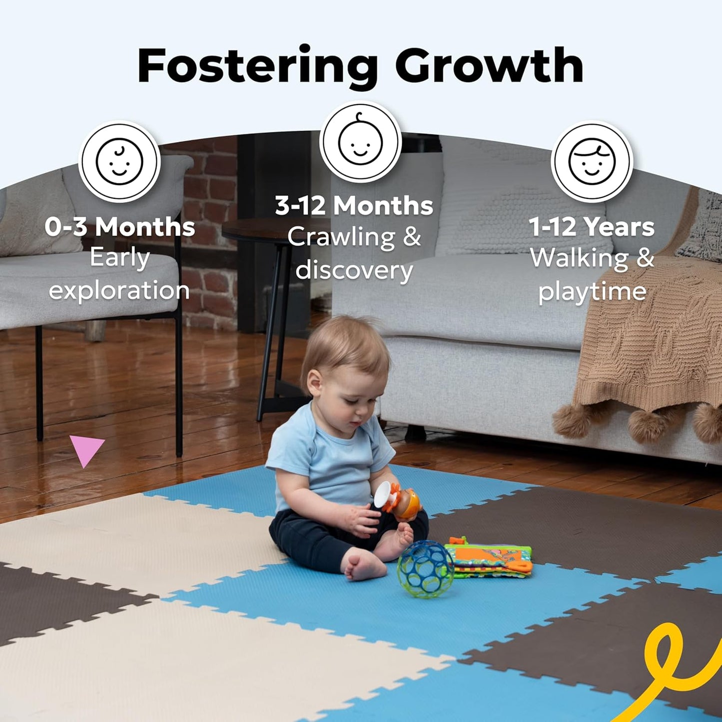 MioTetto Foam Floor Tiles for Kids - Non-Toxic Comfortable Baby Play Mat and Interlocking Foam Tiles, Fits with 74x74 Playpen Mat for Crawling & Development, Soft Play Mat for Babies 6-12 Months