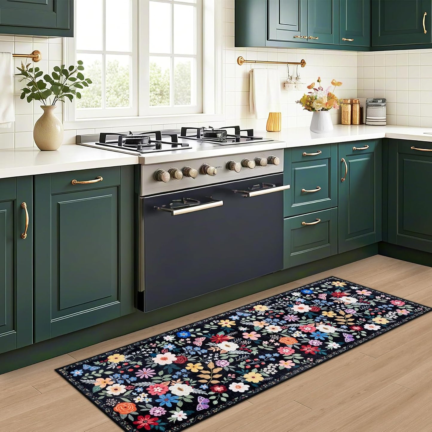 Runner Rug for Entryway: 2x10 Kitchen Rugs Non Slip Washable Ultra-Thin Soft Floral Carpet Indoor Floor Stain Resistant Carpets for Hallway Bedroom Kitchen Laundry Bathroom Dorm Black