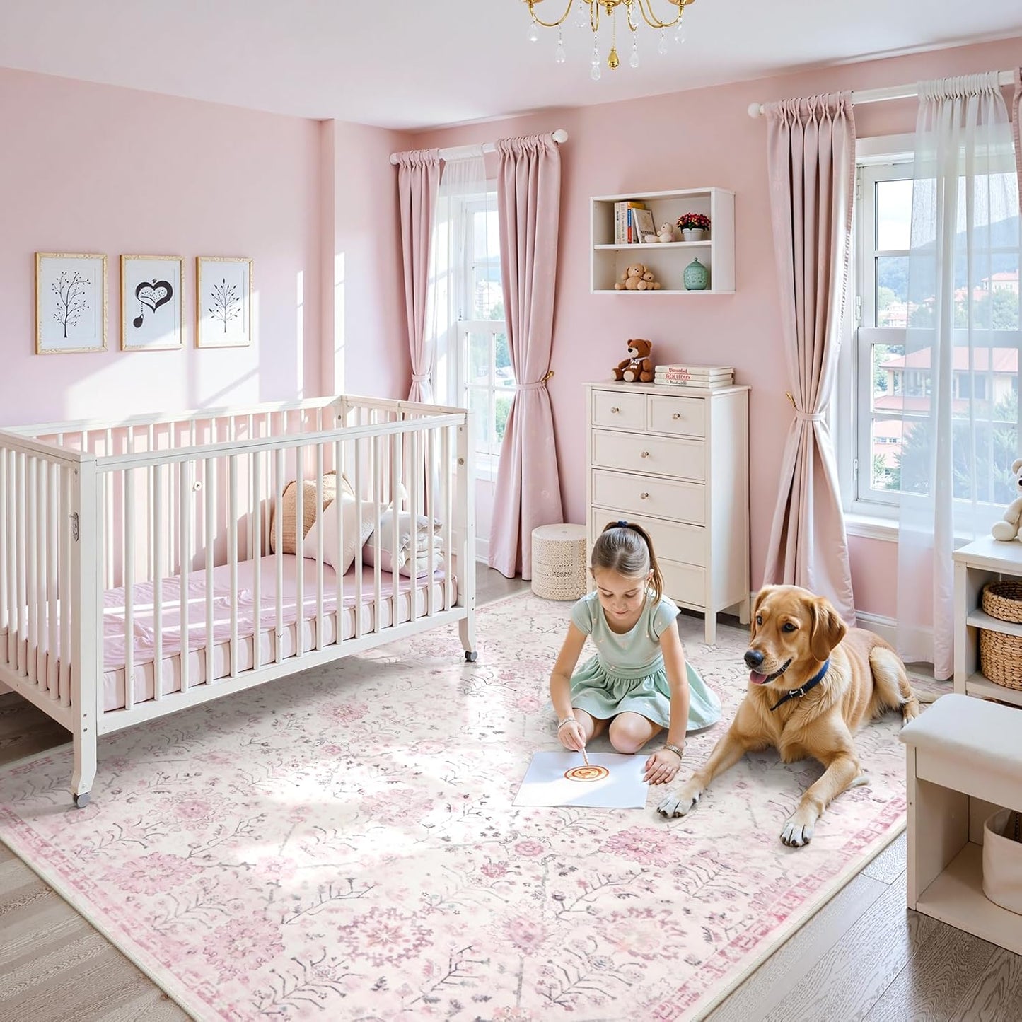 Lahome Washable Rugs 8x10, Soft Nursery Area Rug for Girls and Kids, Low Pile Boho Purple Carpet for Snug Bedroom Kids Room Classroom, Spill-Proof Non Slip Floral Fresh Simple Carpets for Living Room